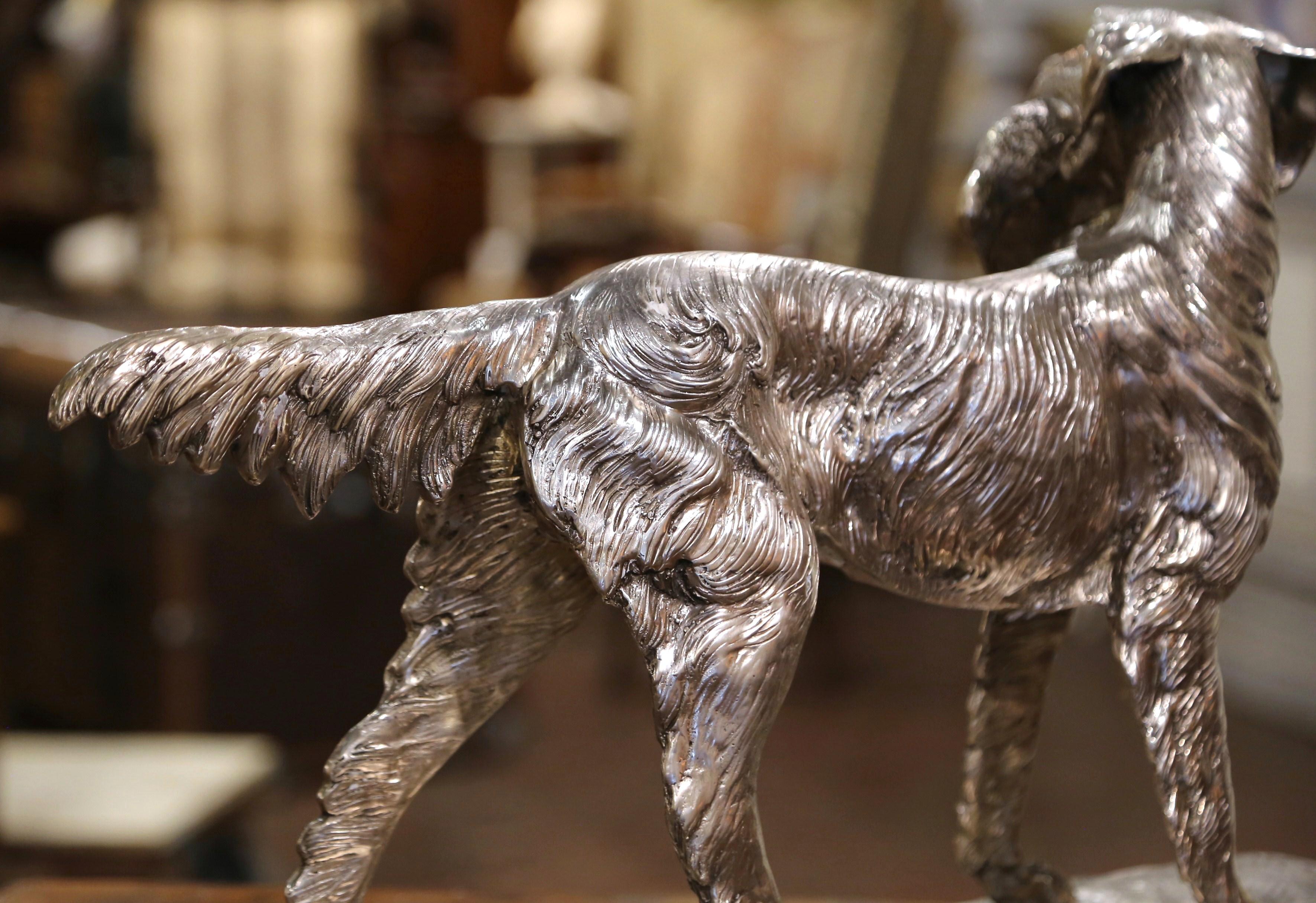 French Silvered Bronze Hunting Dog and Pheasant on Marble Base After J. Moigniez 3