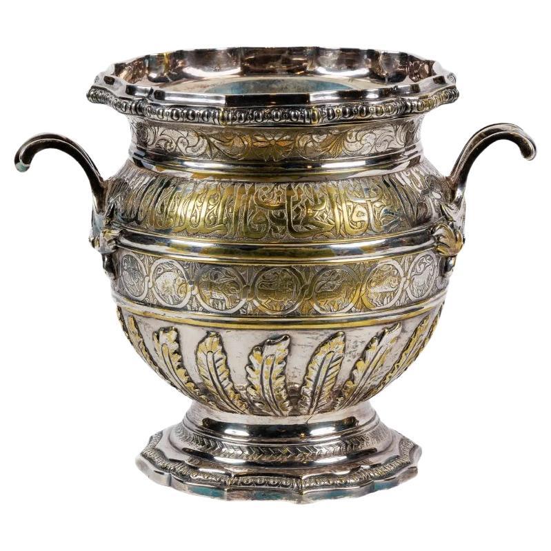 French Silvered Bronze "Islamic" Wine Cooler Vase, circa 1880 For Sale