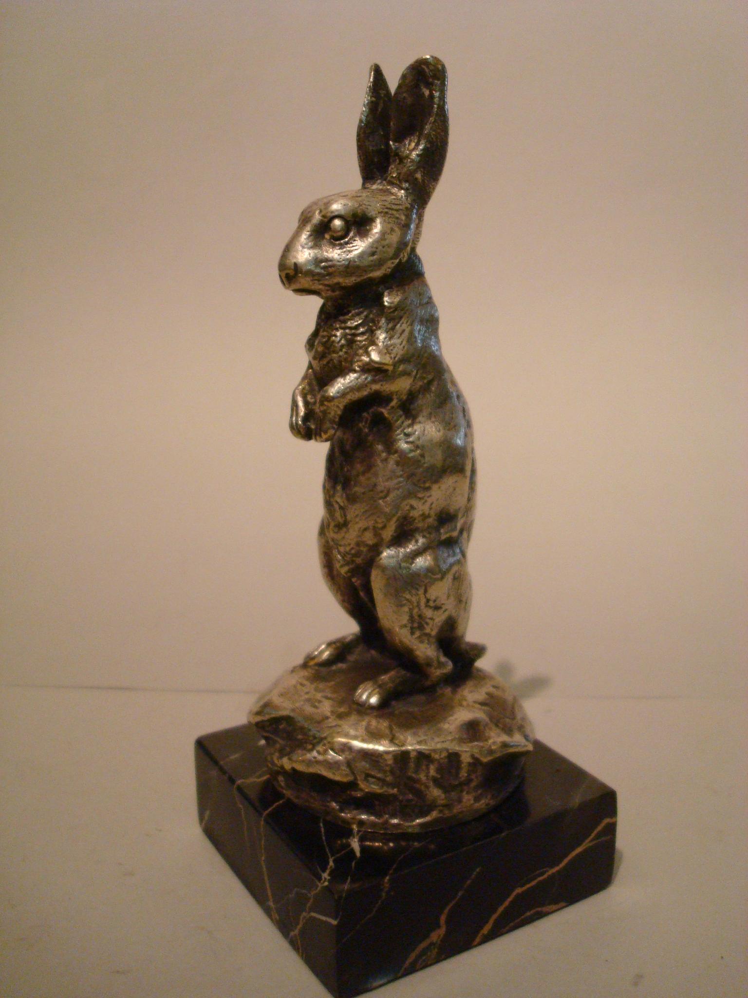 Art Nouveau French Silvered Bronze Rabbit Car Mascot Hood Ornament Paperweight Signed Bofill