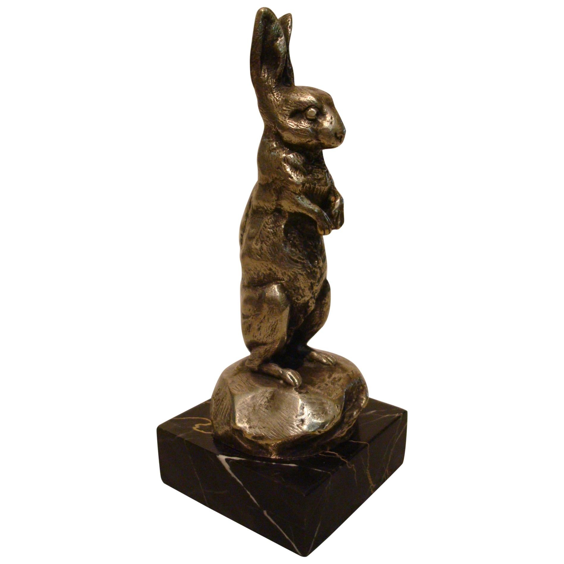 French Silvered Bronze Rabbit Car Mascot Hood Ornament Paperweight Signed Bofill