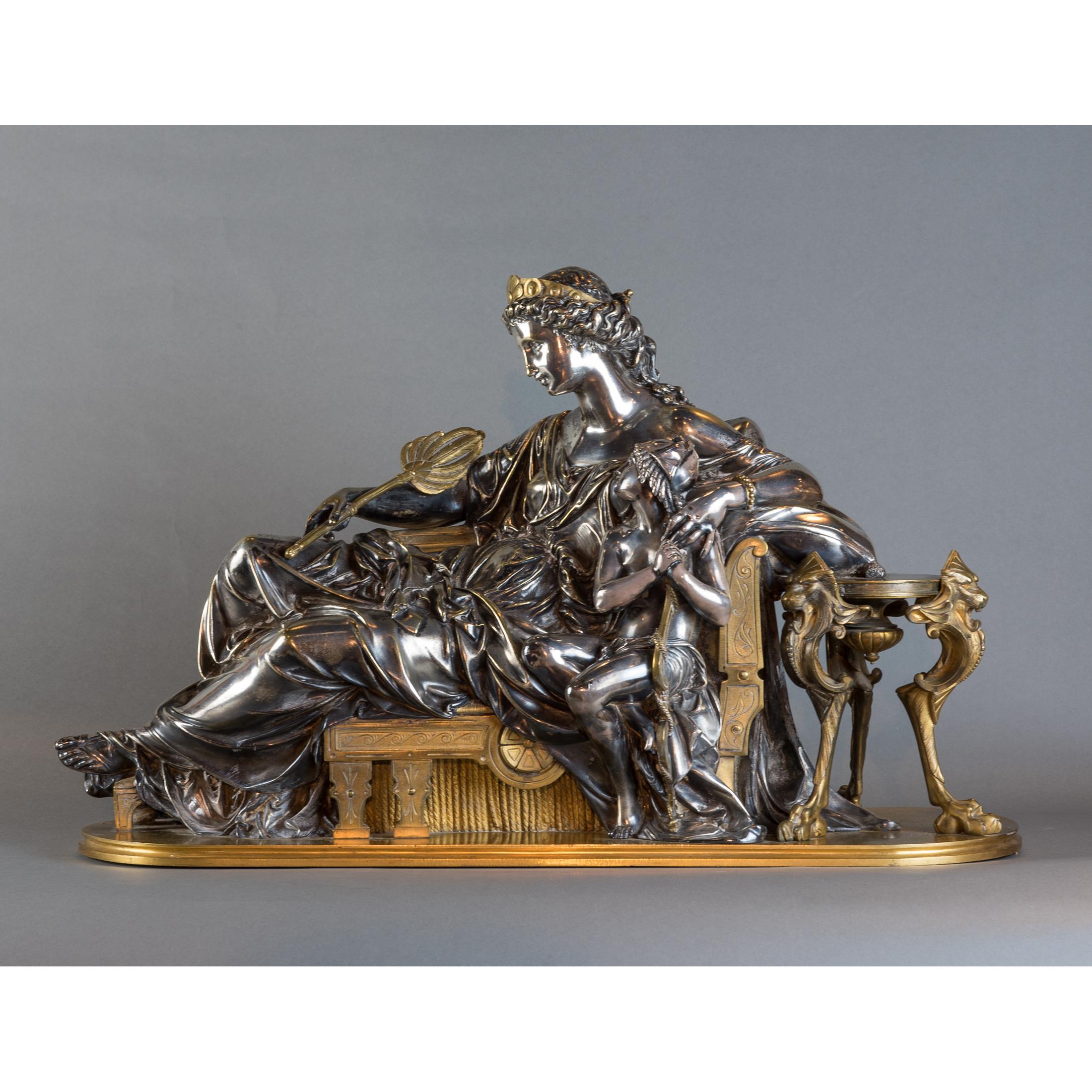 Fine French neoclassical silvered sculpture bronze of young lady and child on a recamier

Exquisite cast bronze sculpture of reclining woman and child with silver highlights on figures and robes. Furnishings and base in dore gilt att. Jean