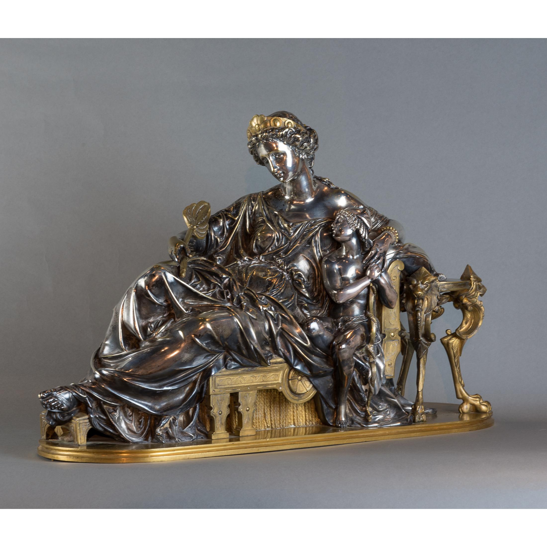 Gilt French Silvered Bronze Sculpture of a Young Lady and Child