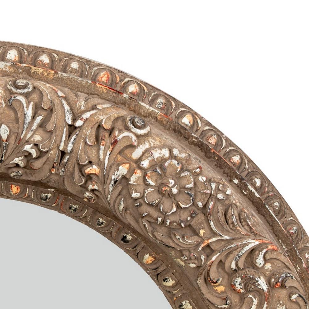 French Silvered Composition Circular Mirror, floral and foliate carved designs, with beveled mirror plate. 50.5