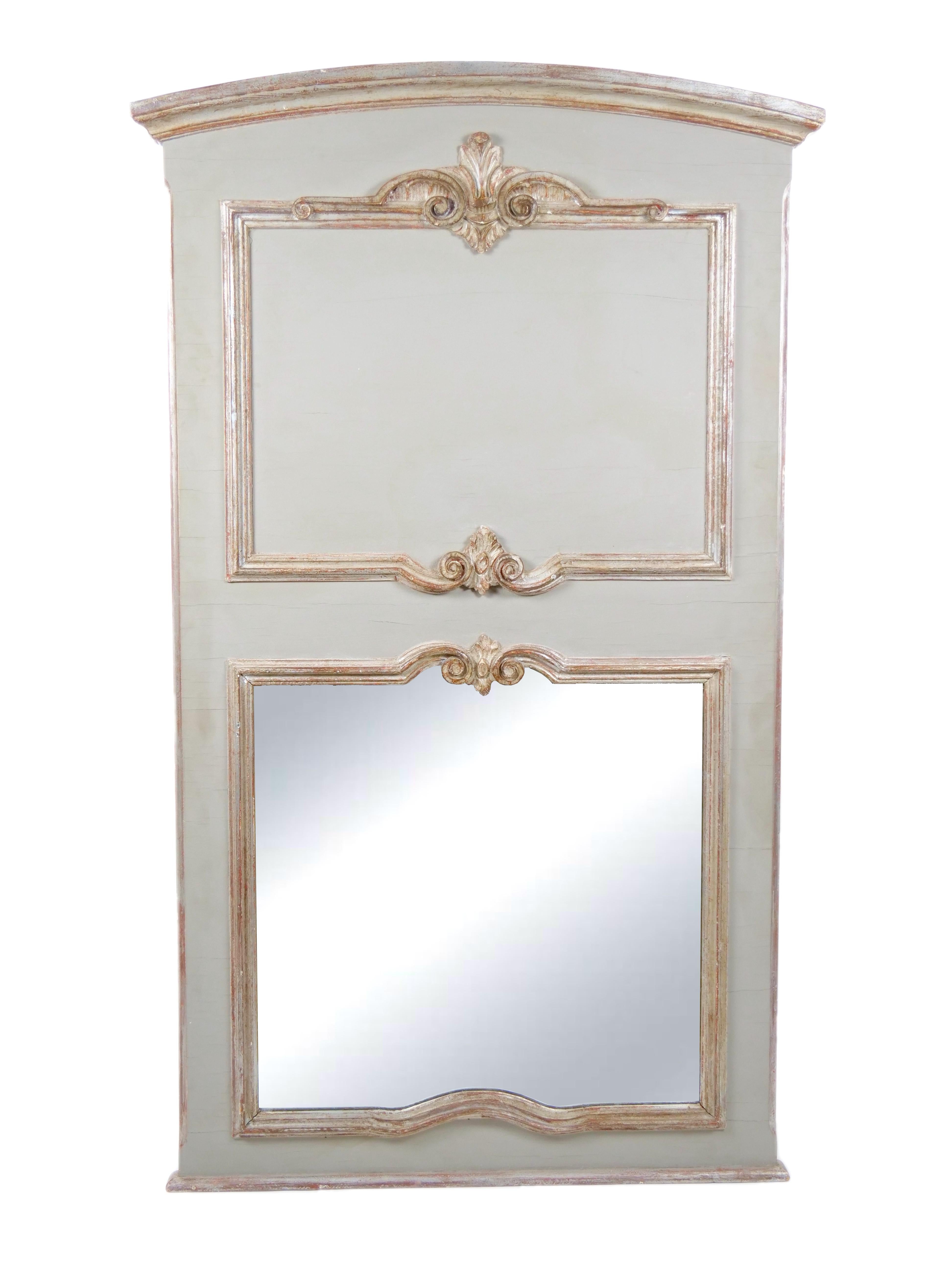 French Silvered Gilt wood Hand-Painted Framed Trumeau Wall Mirror For Sale 4
