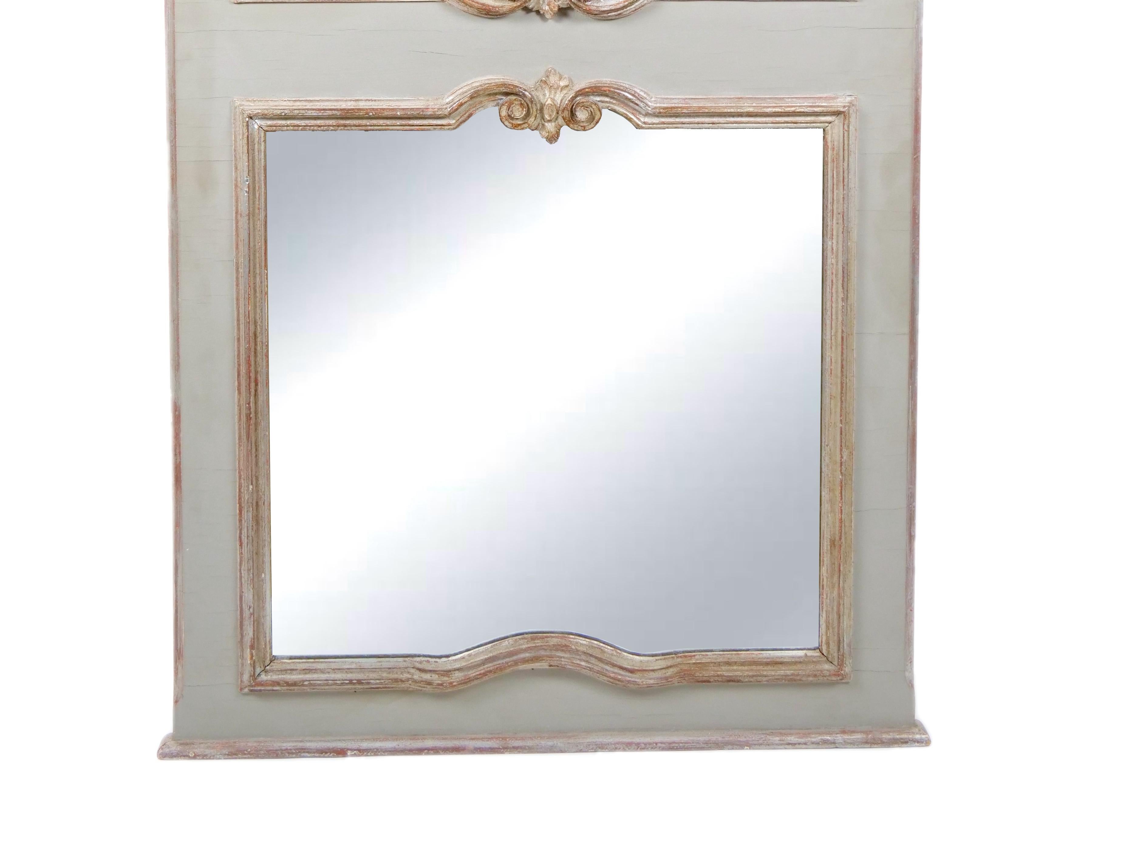 Neoclassical French Silvered Gilt wood Hand-Painted Framed Trumeau Wall Mirror For Sale