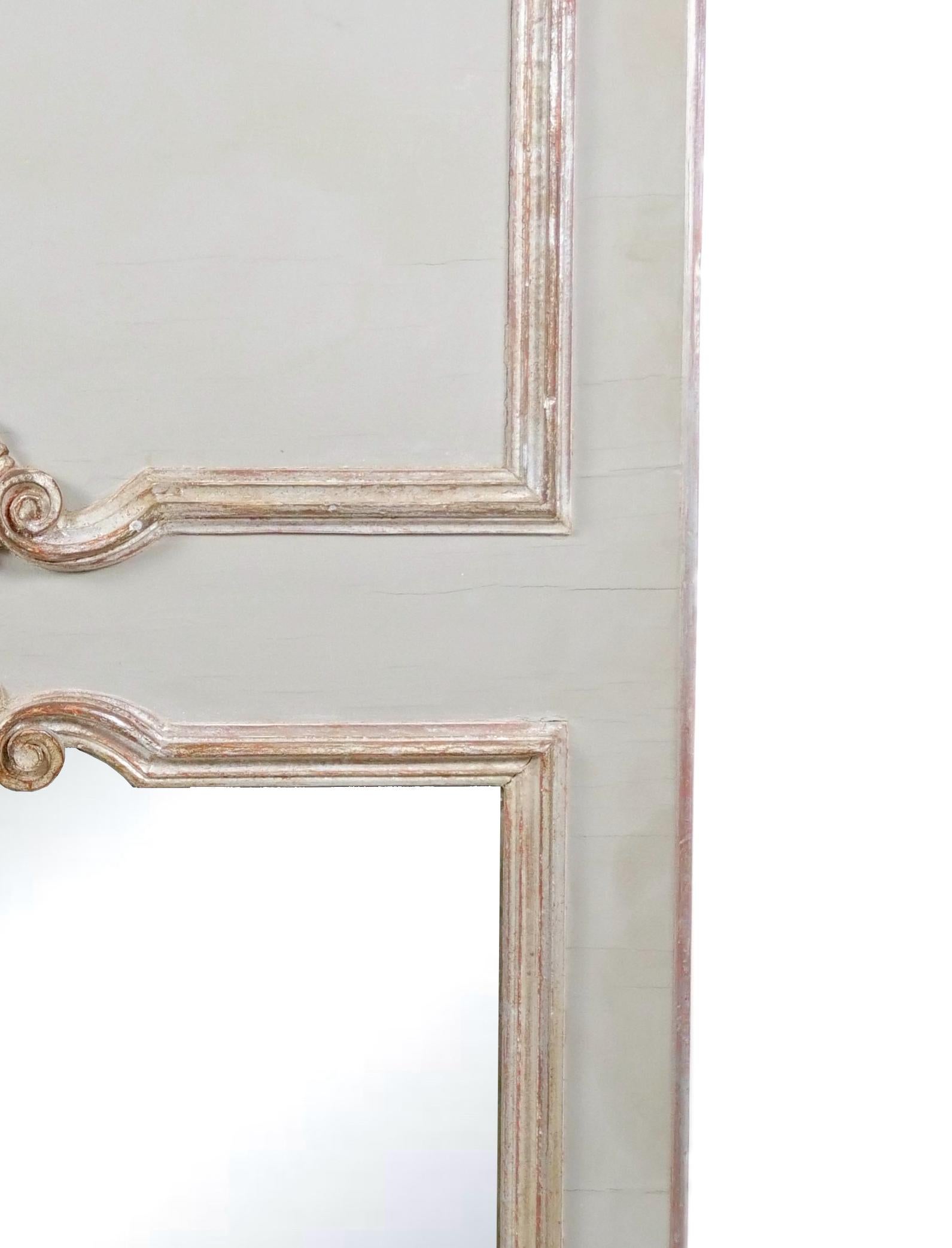 Beveled French Silvered Gilt wood Hand-Painted Framed Trumeau Wall Mirror For Sale