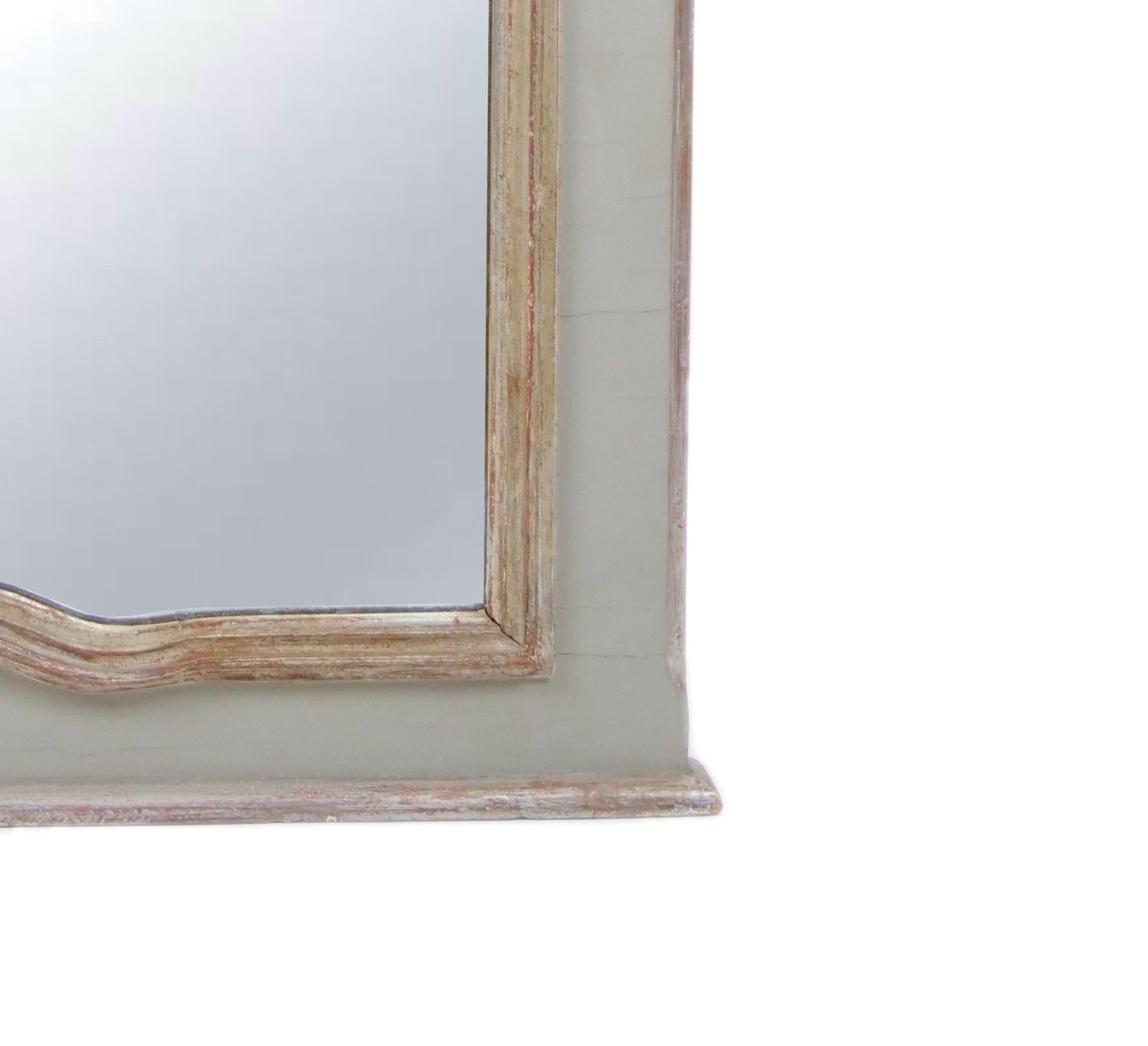 20th Century French Silvered Gilt wood Hand-Painted Framed Trumeau Wall Mirror For Sale
