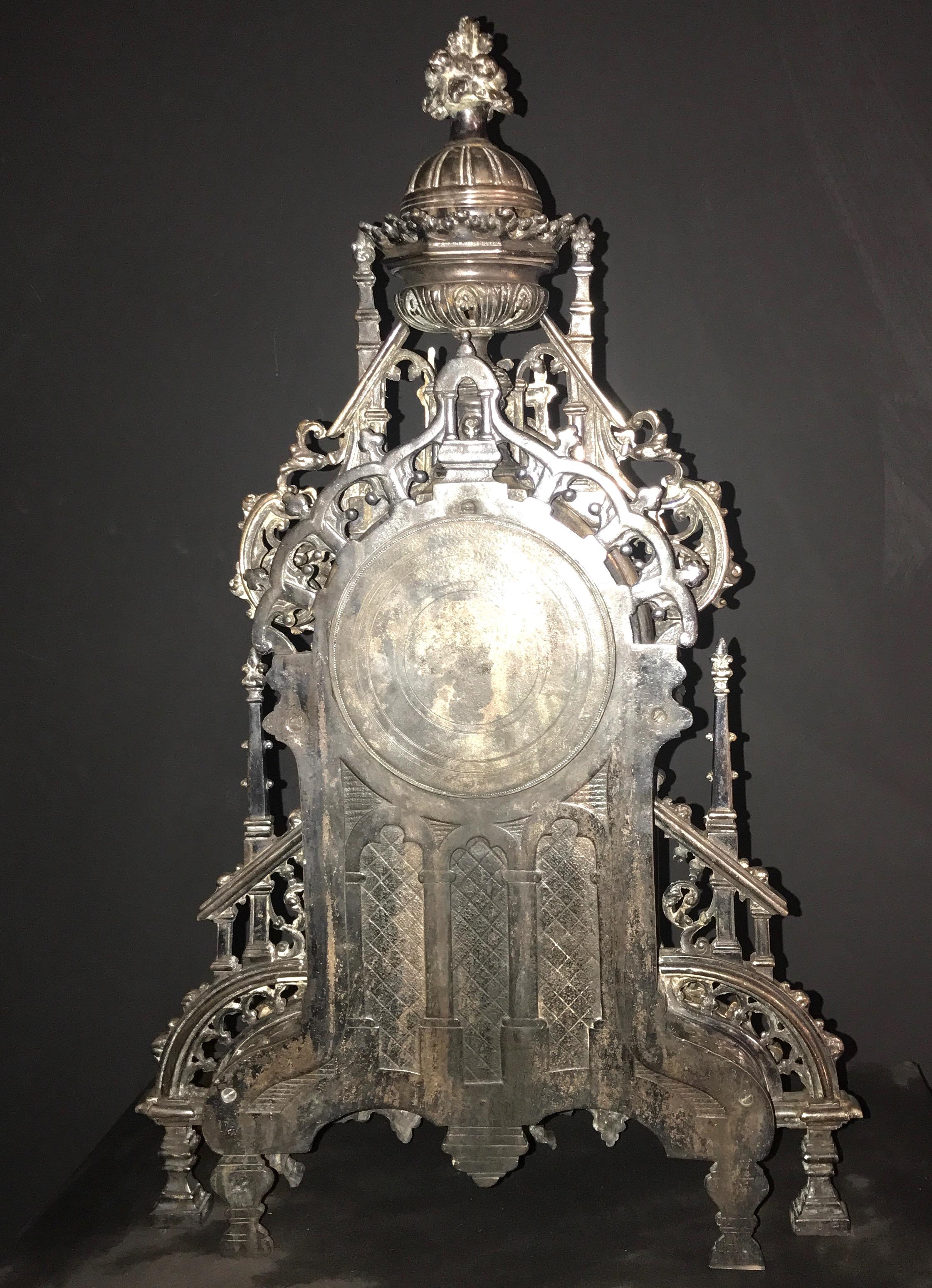 French Silvered Gothic Cathedral Mantel or Table Clock, 19th Century 5