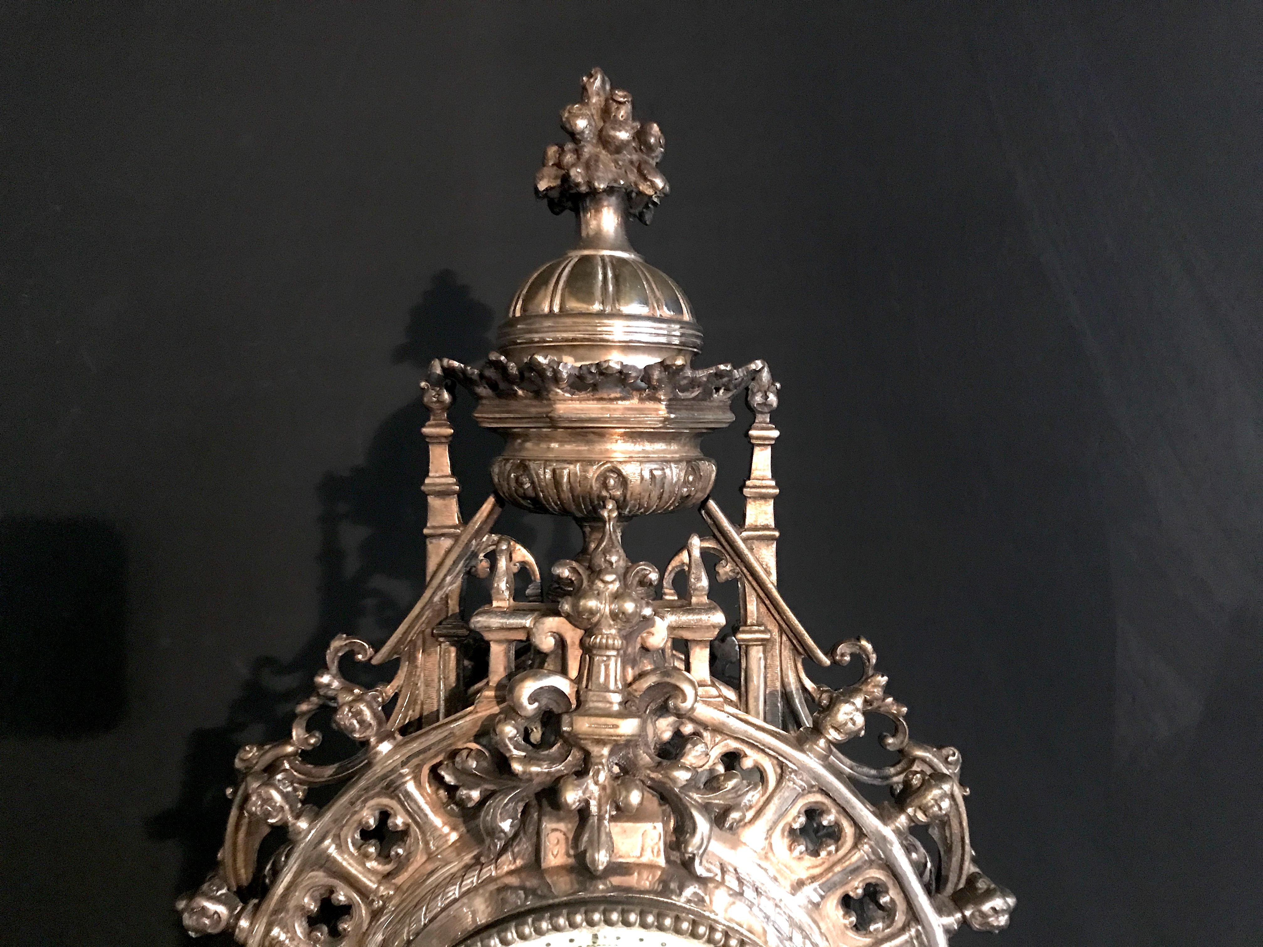 French Silvered Gothic Cathedral Mantel or Table Clock, 19th Century 8
