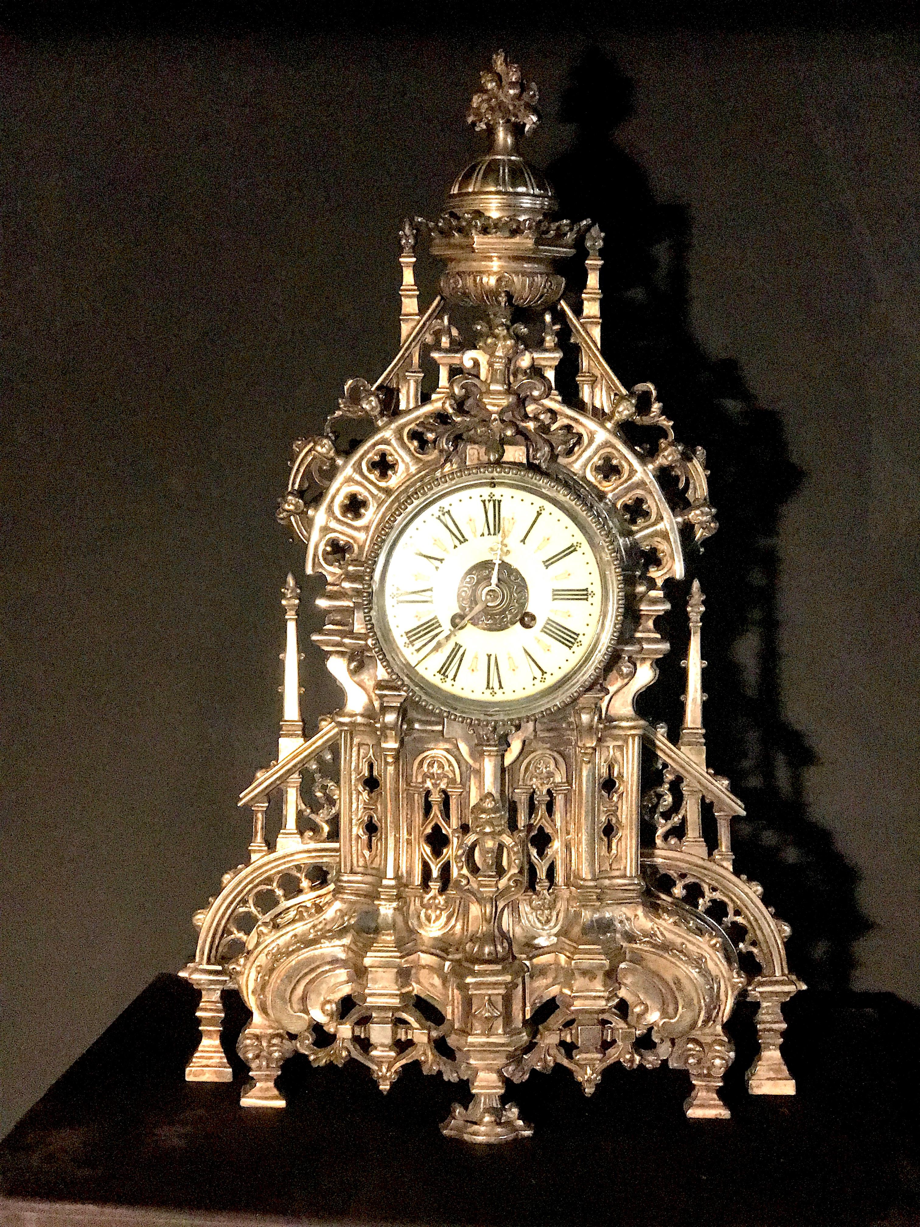 French Silvered Gothic Cathedral Mantel or Table Clock, 19th Century 10