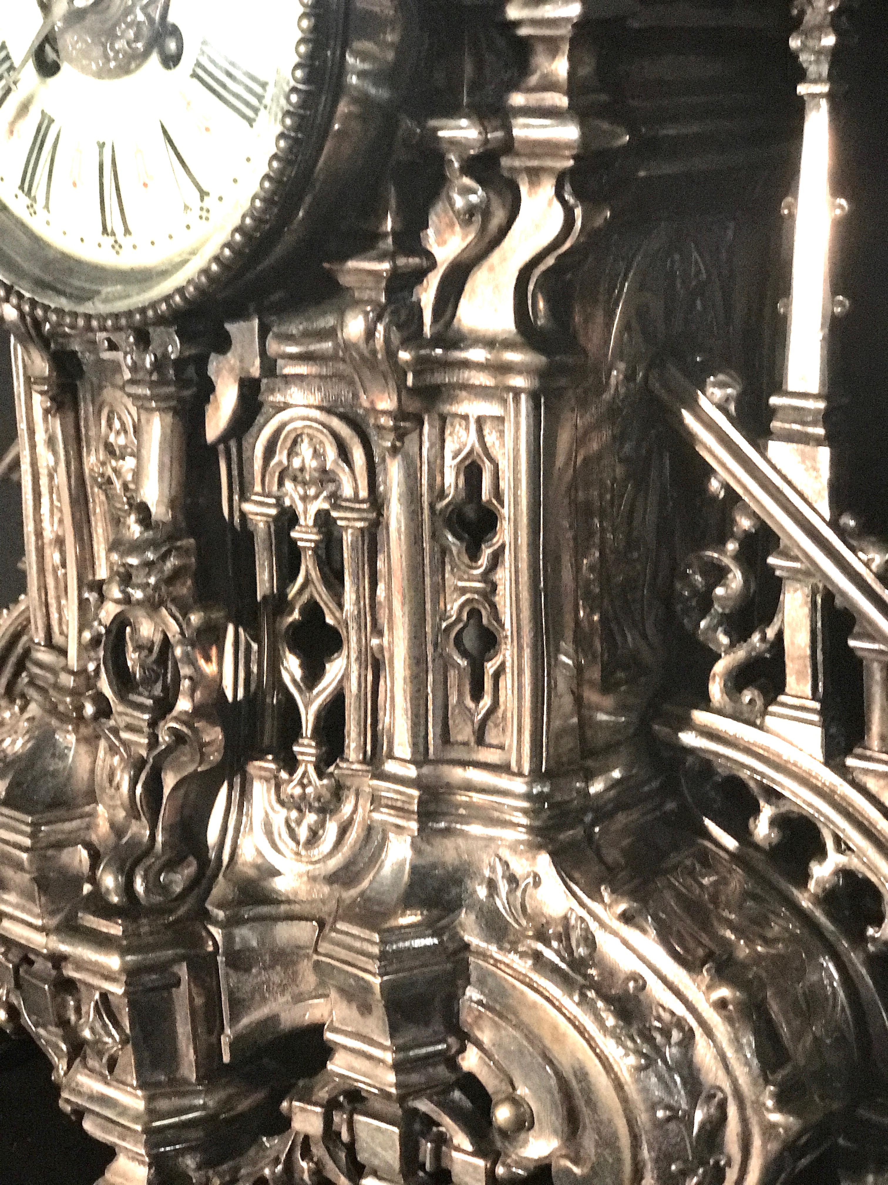Silver Plate French Silvered Gothic Cathedral Mantel or Table Clock, 19th Century