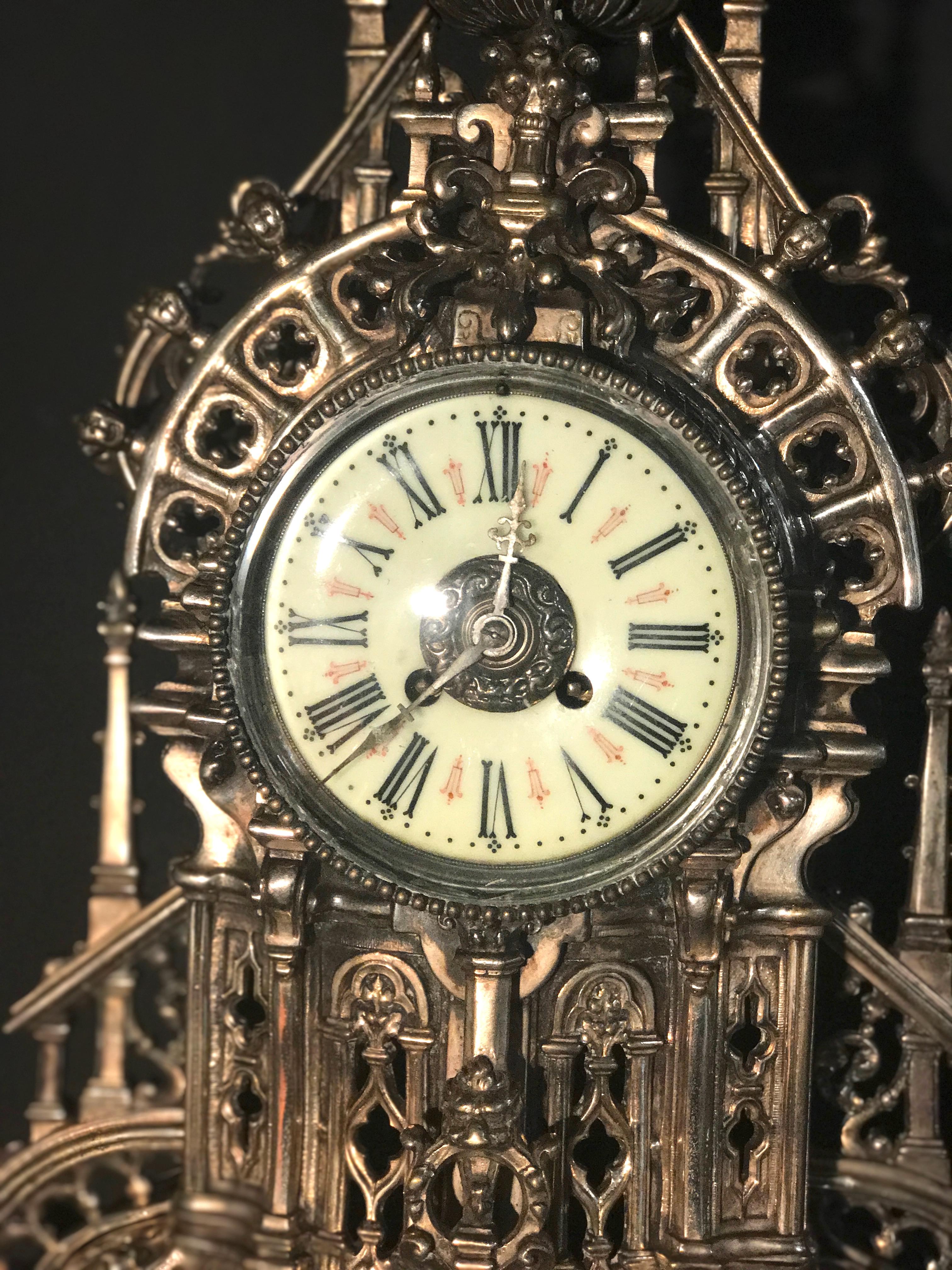 French Silvered Gothic Cathedral Mantel or Table Clock, 19th Century 1