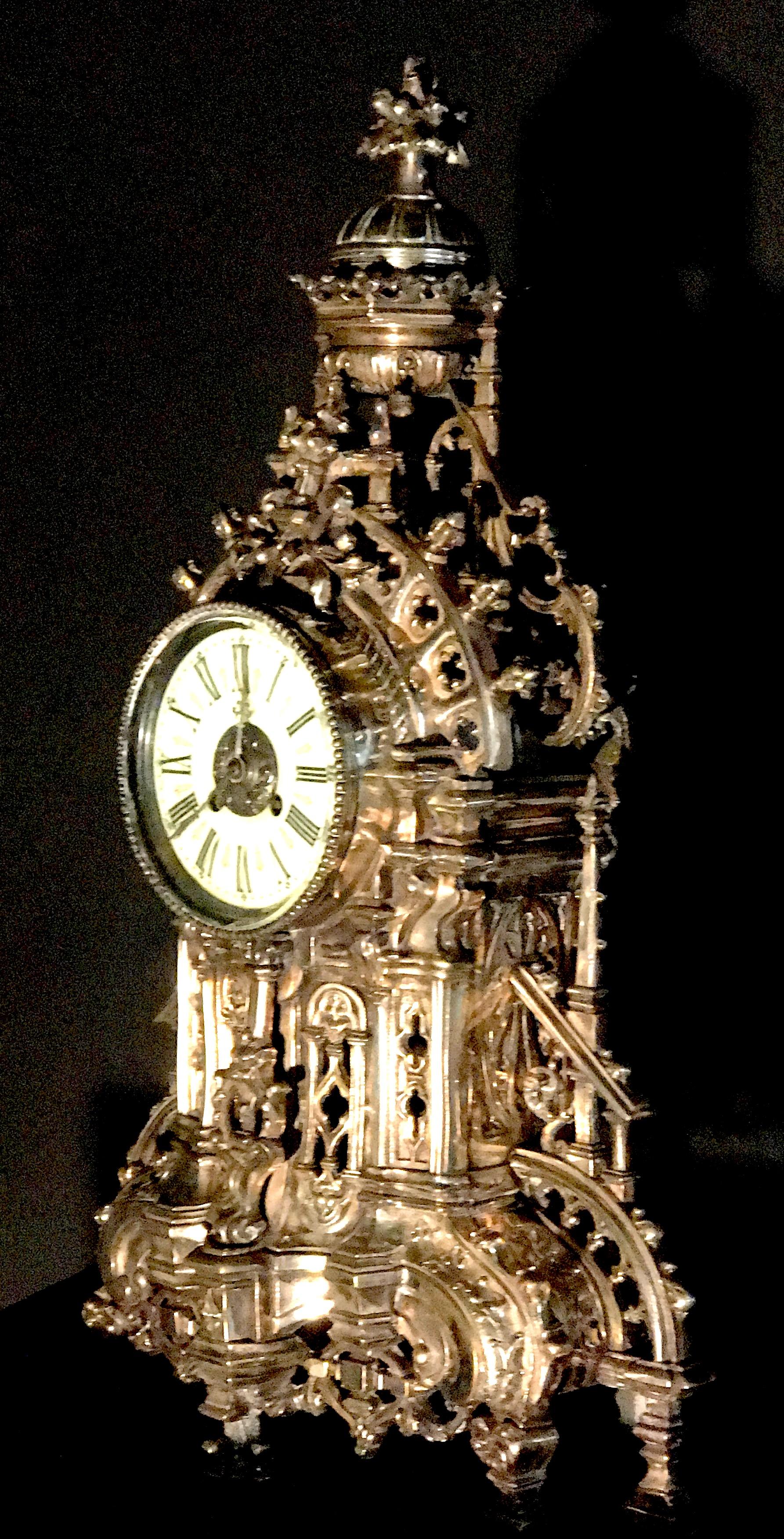 French Silvered Gothic Cathedral Mantel or Table Clock, 19th Century 2
