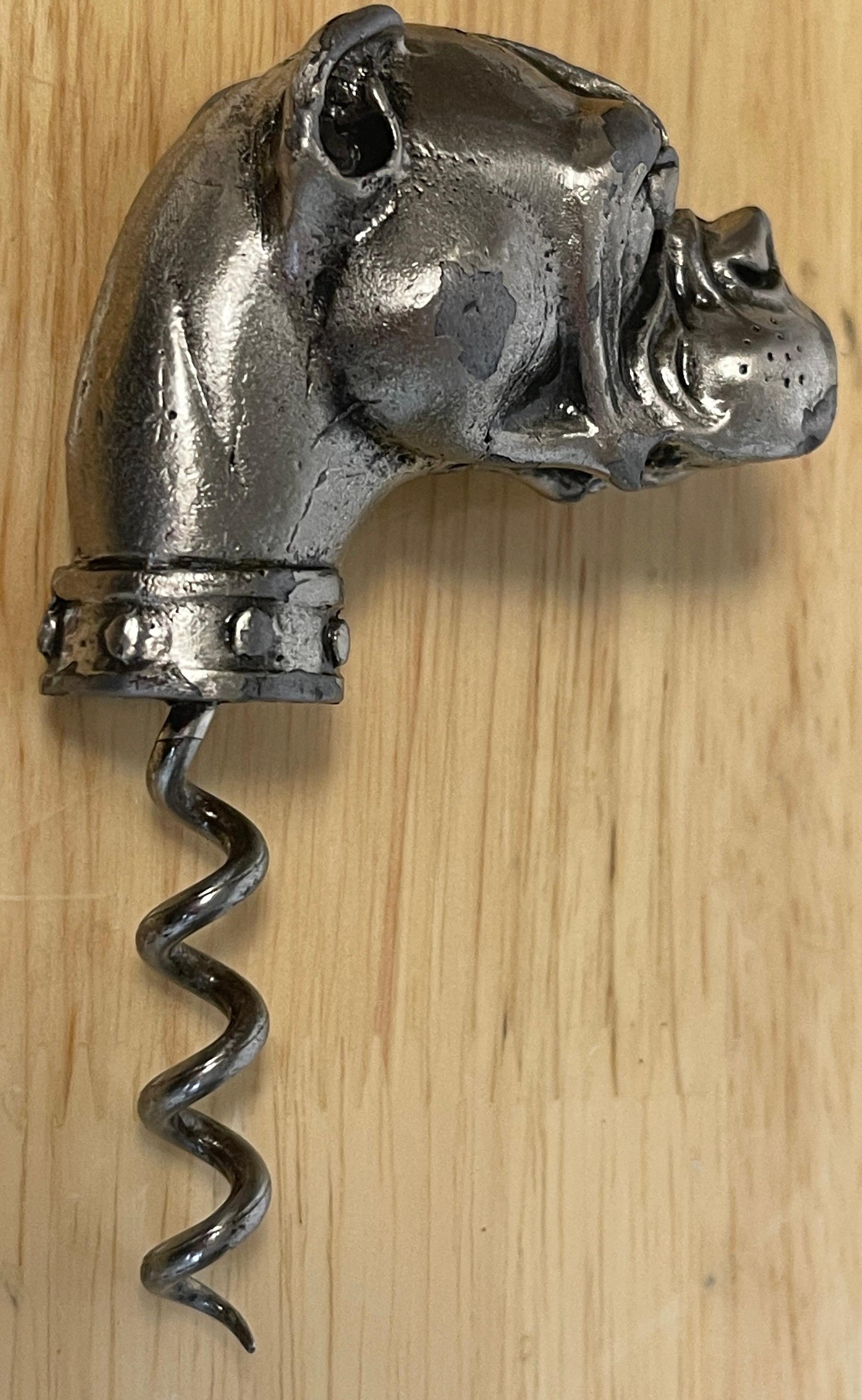 European French Silvered Gun Metal & Steel Dog Motif Corkscrew, C 1900s