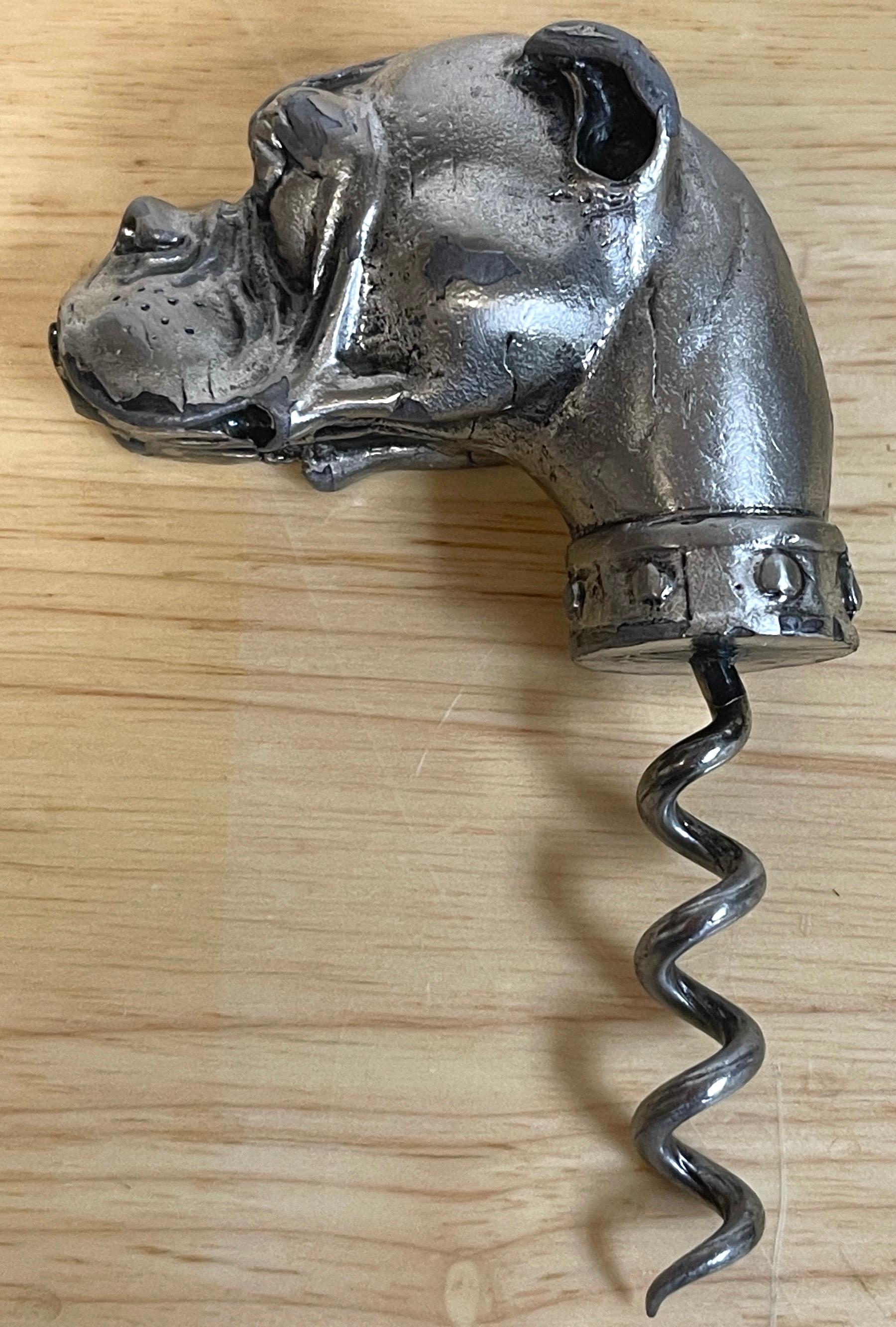 French Silvered Gun Metal & Steel Dog Motif Corkscrew, C 1900s In Good Condition In West Palm Beach, FL