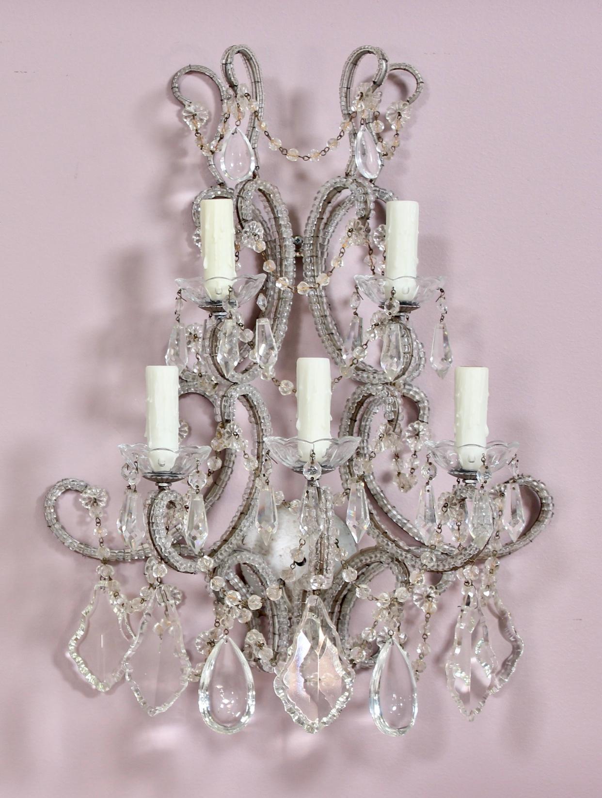 Louis XVI French Silvered Iron and Crystal Beaded Sconces