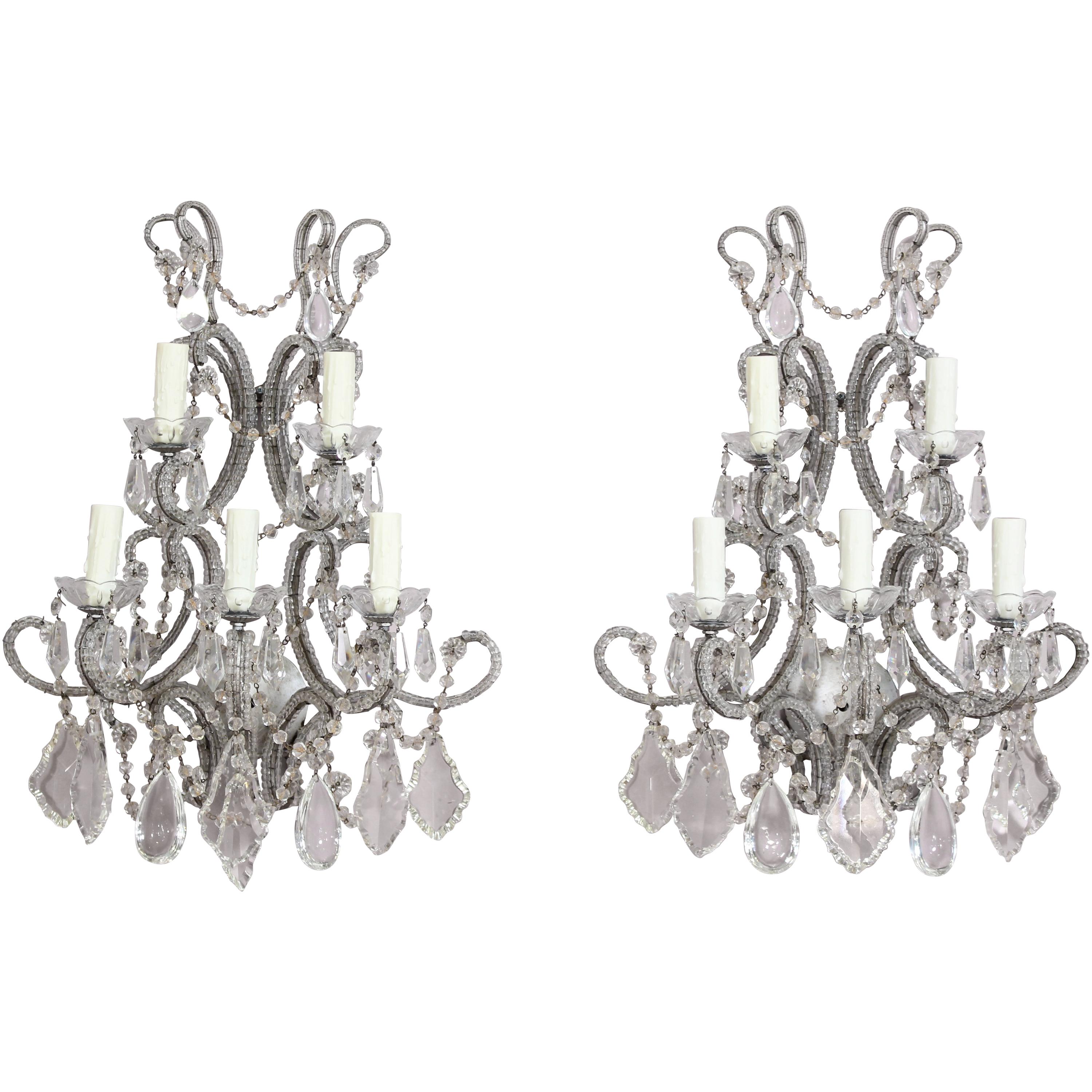 French Silvered Iron and Crystal Beaded Sconces