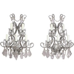 French Silvered Iron and Crystal Beaded Sconces