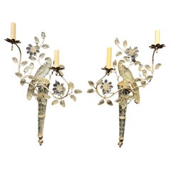 French Silvered Metal and Crystal Bird Sconces