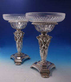 French Silverplate Cut Crystal Centerpiece Pair W/ Bowls Art Nouveau Women #5053