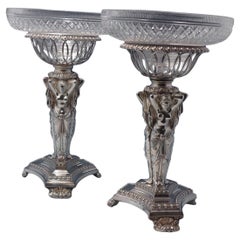 Coppia di centrotavola in cristallo tagliato francese con ciotole Art Nouveau donna #5053