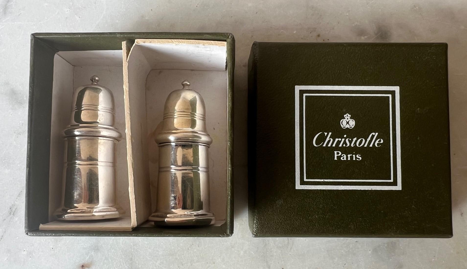 French Silverplate Small Salt & Pepper Shakers by Christofle in Original Box In Good Condition In Ross, CA