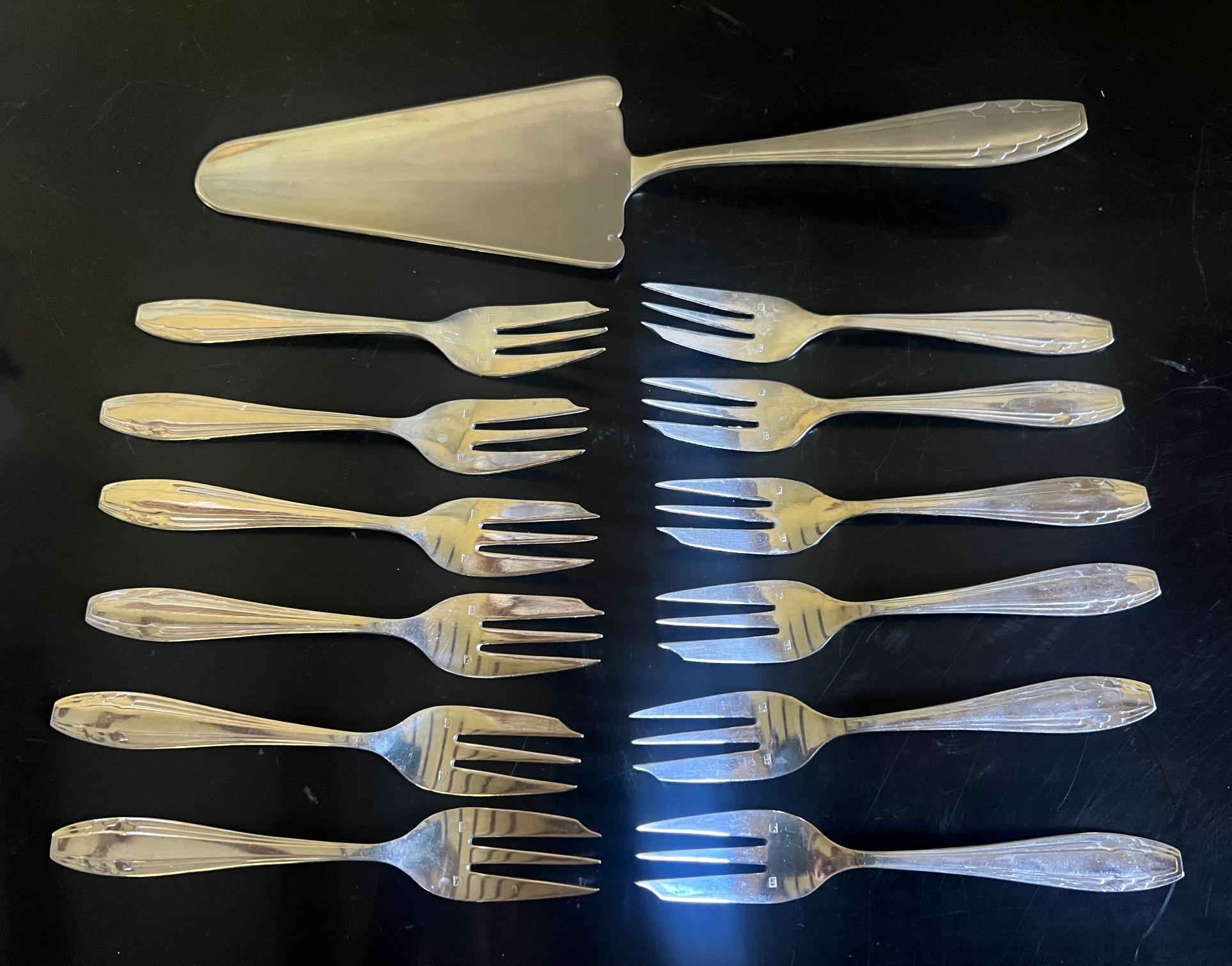 French Silverplated Art Deco Dessert Set by Apollo- Set of 13 For Sale 6
