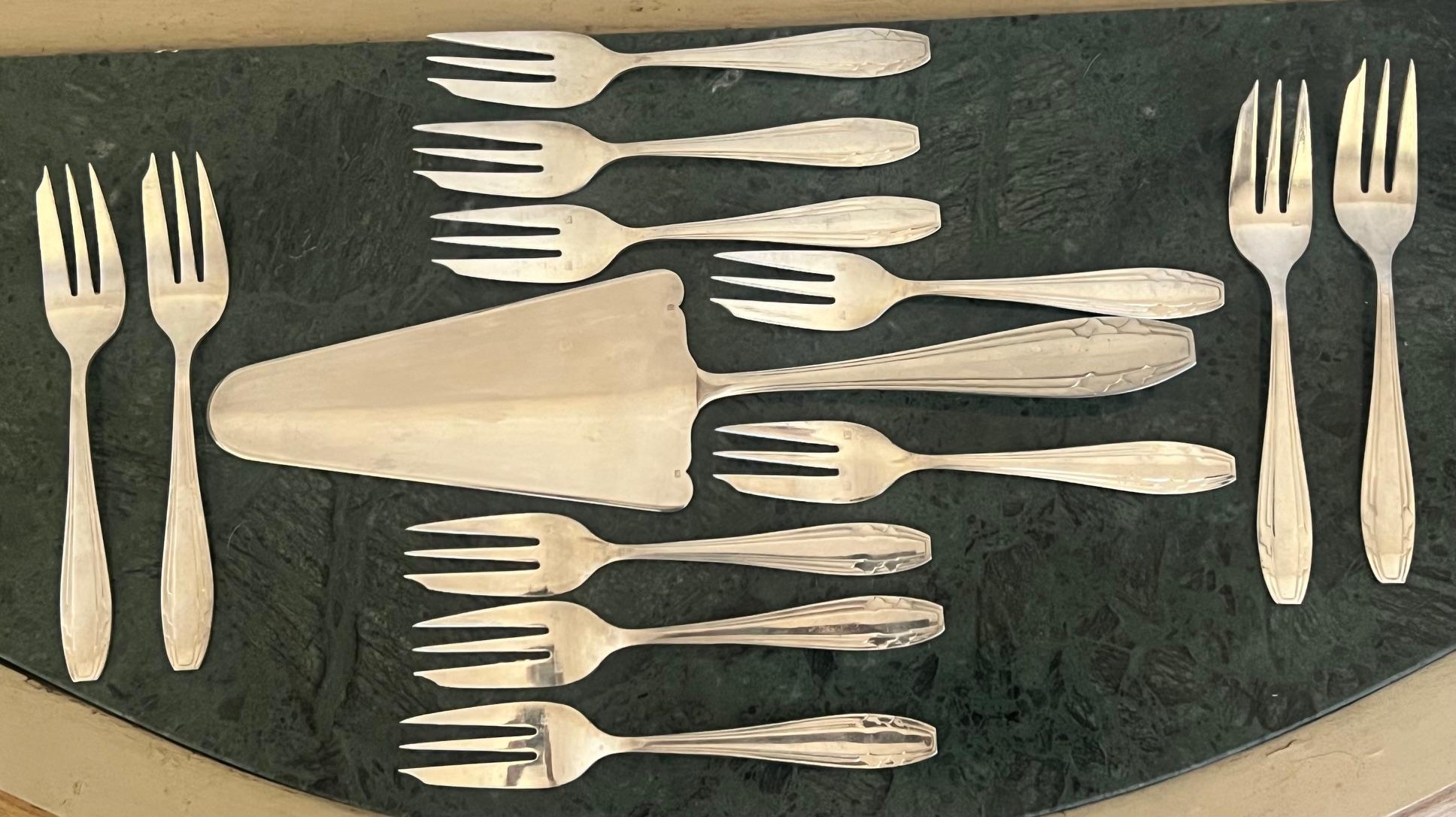 Cast French Silverplated Art Deco Dessert Set by Apollo- Set of 13 For Sale