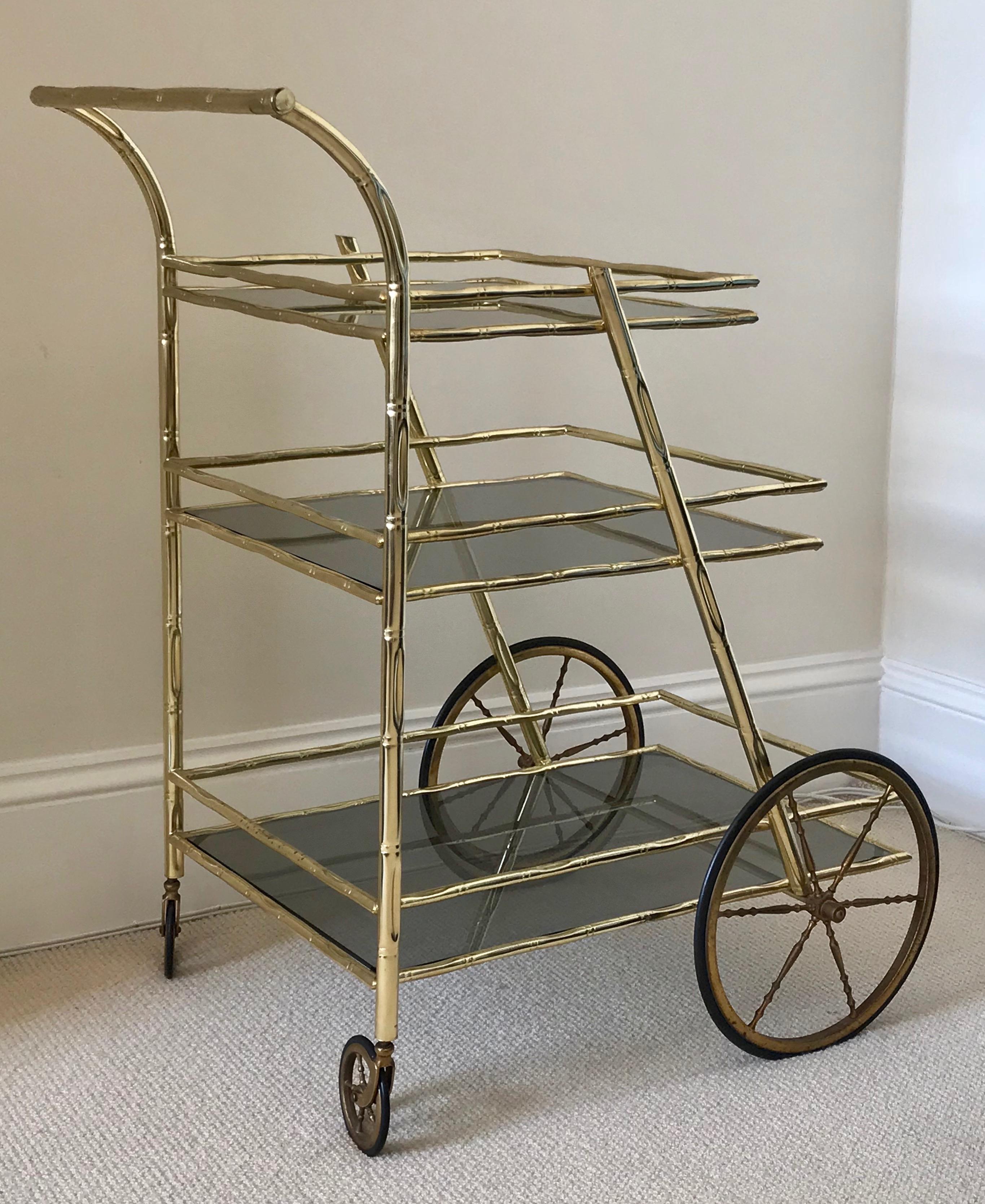 Mid-Century Modern French 1970's Simulated Bamboo Brass Drinks Trolley / Bar Cart For Sale