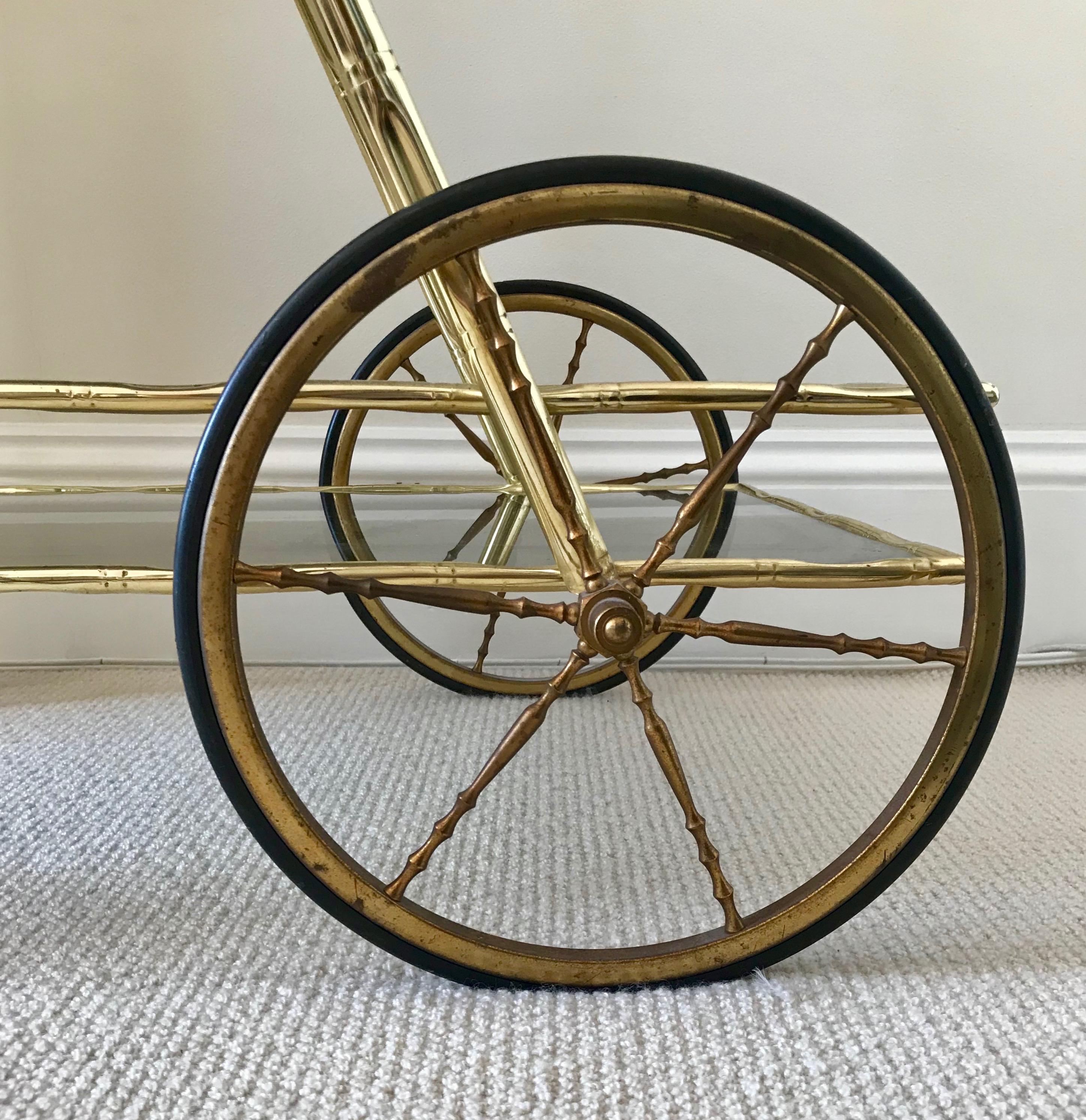 French 1970's Simulated Bamboo Brass Drinks Trolley / Bar Cart For Sale 2
