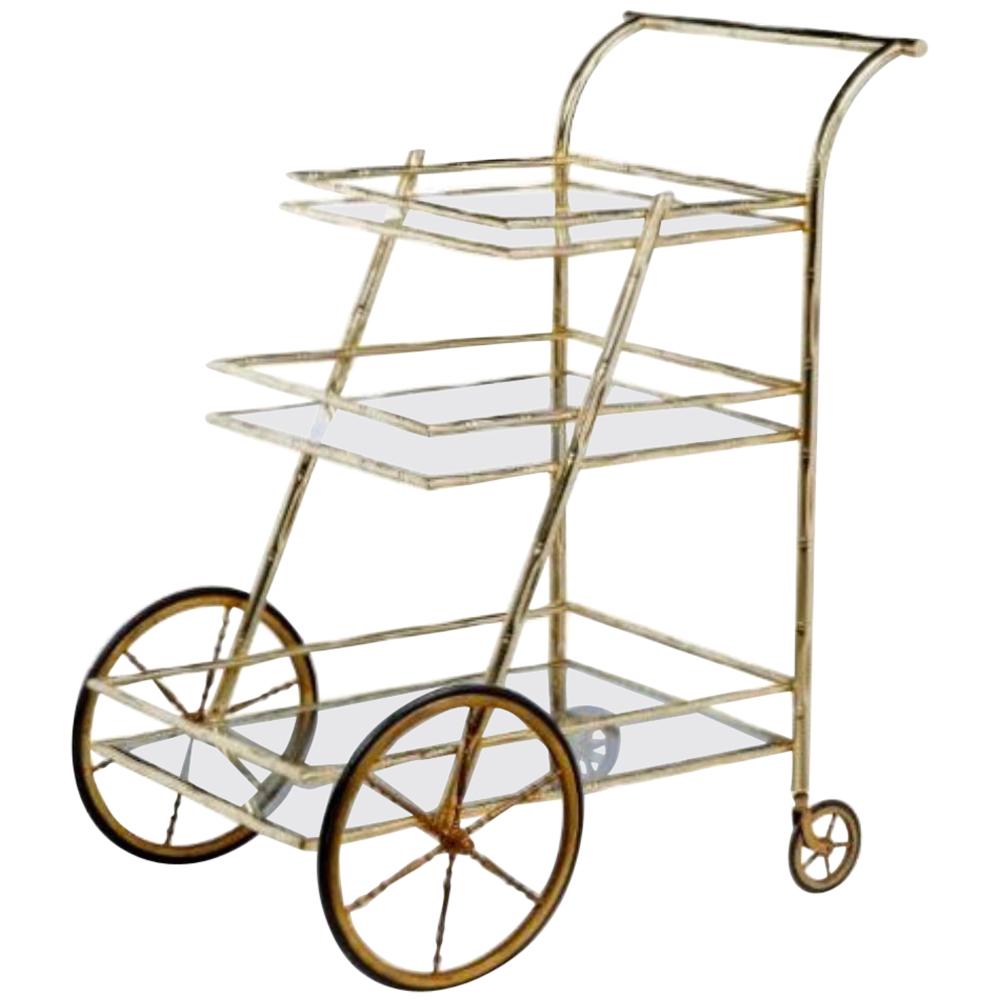 French 1970's Simulated Bamboo Brass Drinks Trolley / Bar Cart For Sale