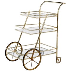 Vintage French 1970's Simulated Bamboo Brass Drinks Trolley / Bar Cart