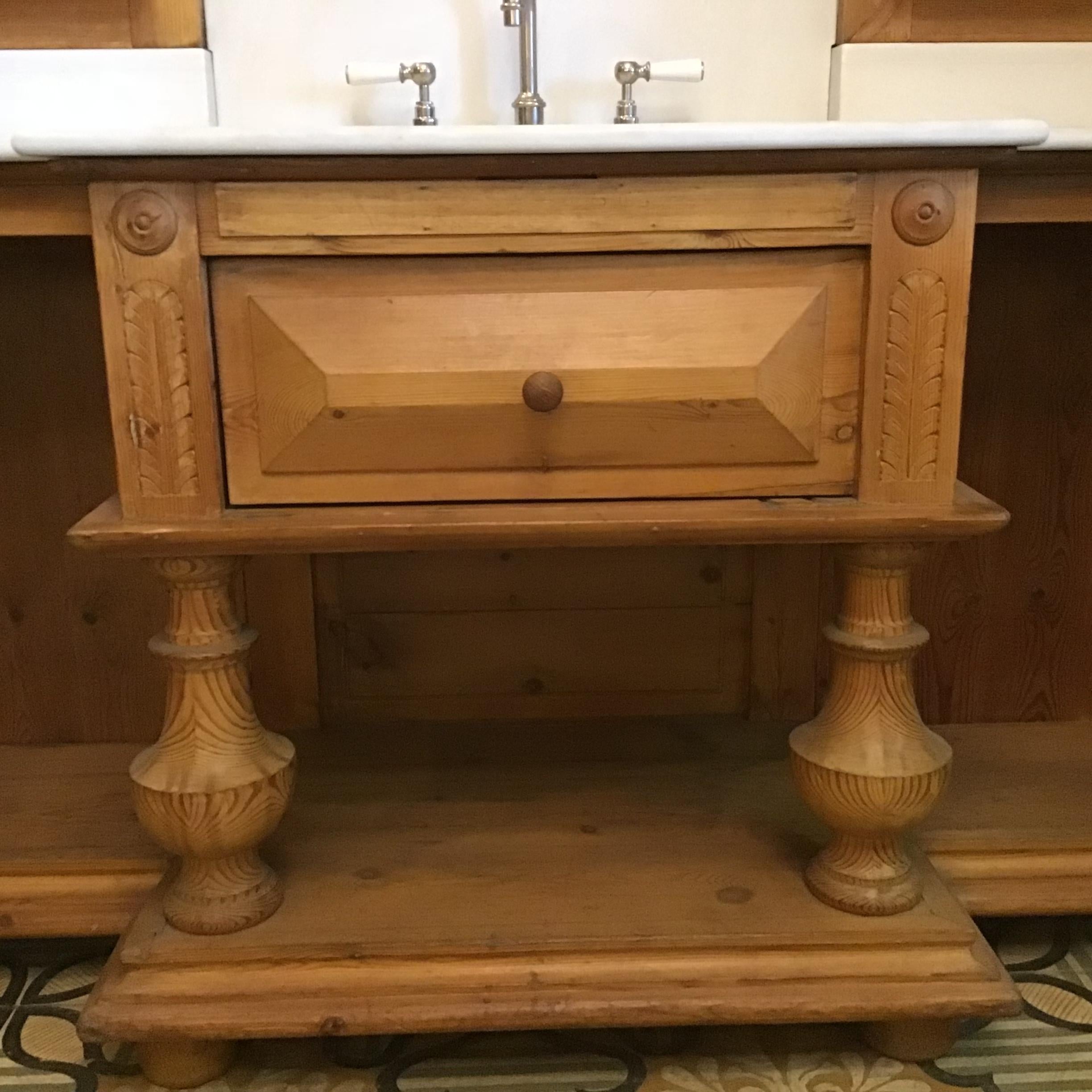 Late 19th Century French Sink in Spruce with Marble Top Equipped with Mirrors and Shelves, 1890s