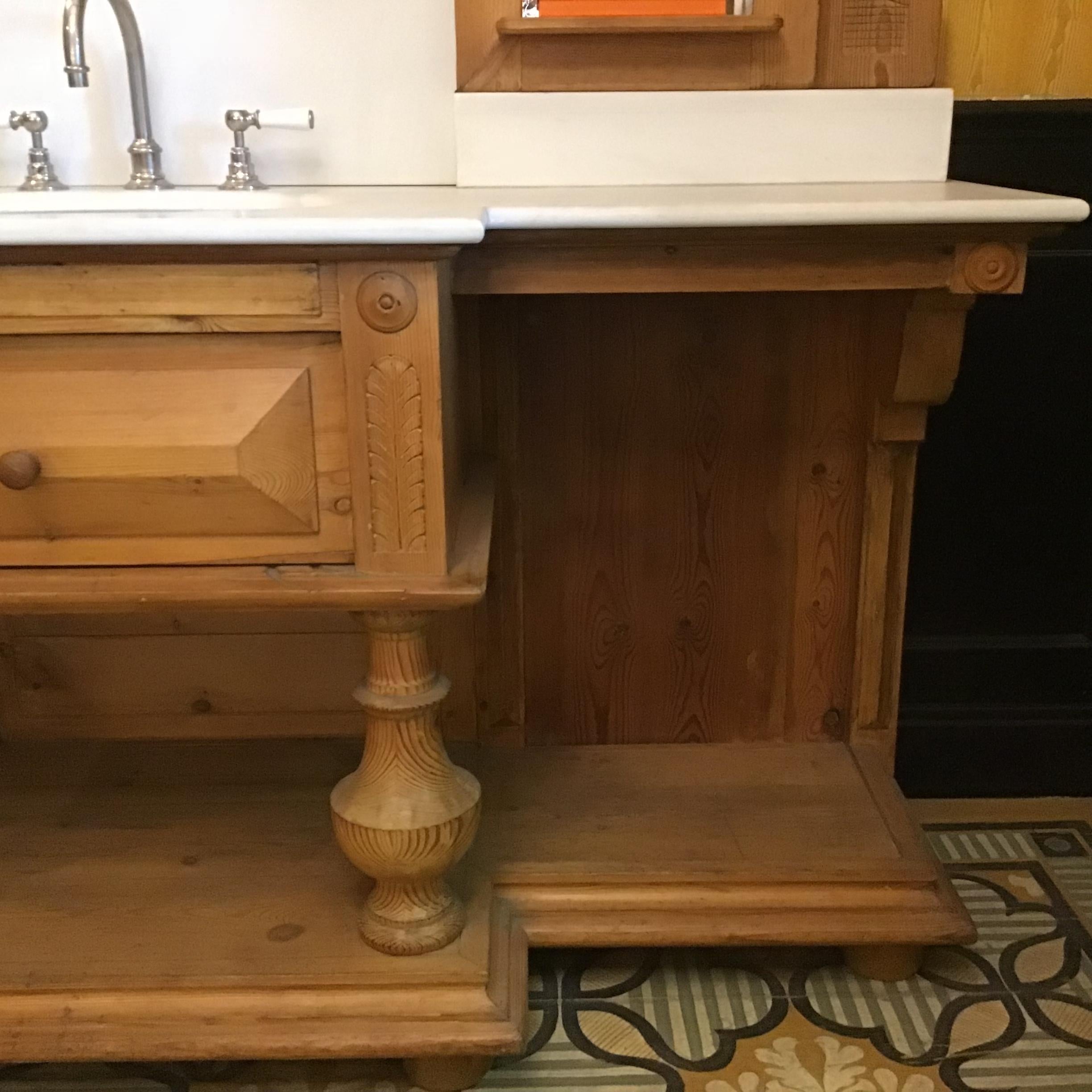 French Sink in Spruce with Marble Top Equipped with Mirrors and Shelves, 1890s 1