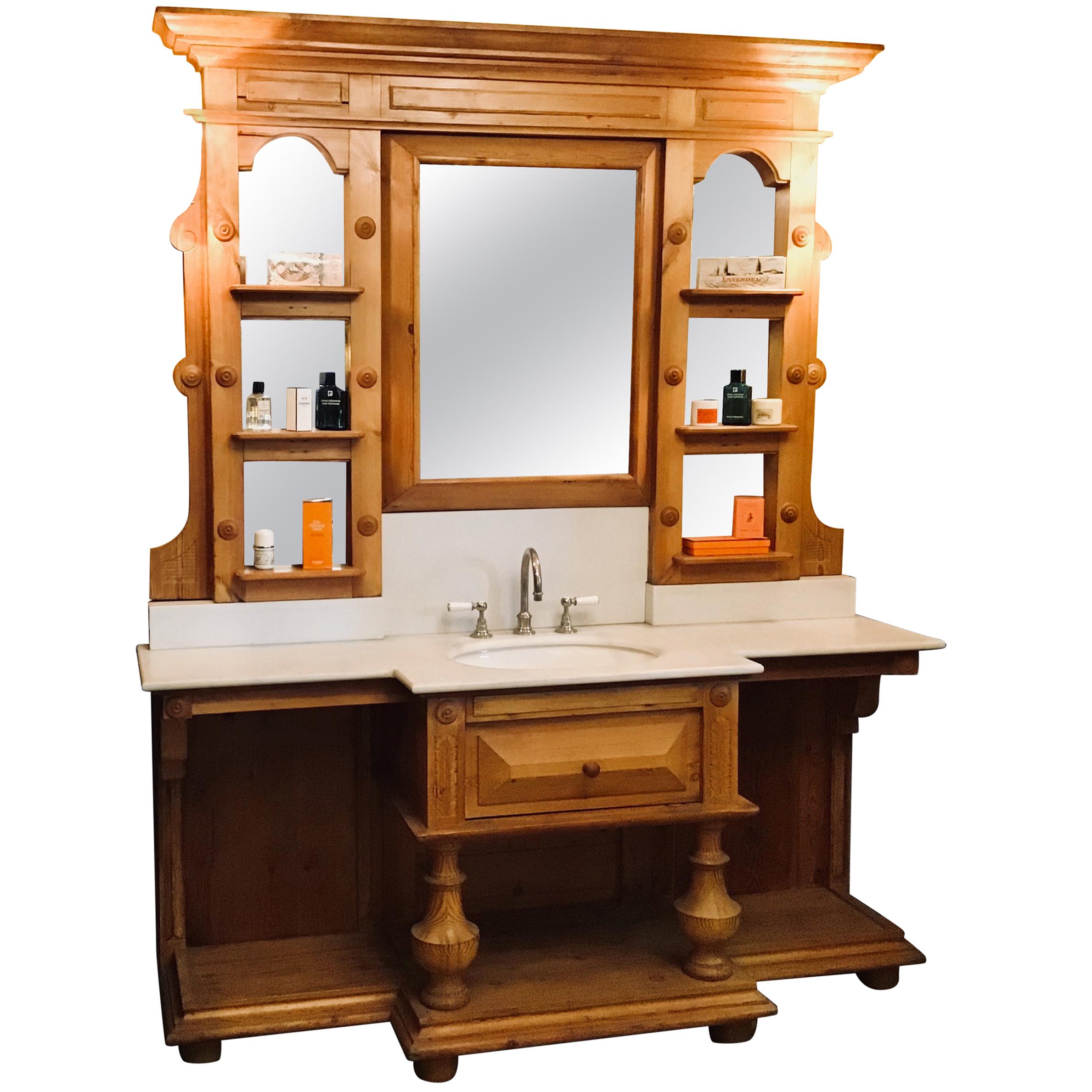 French Sink in Spruce with Marble Top Equipped with Mirrors and Shelves, 1890s
