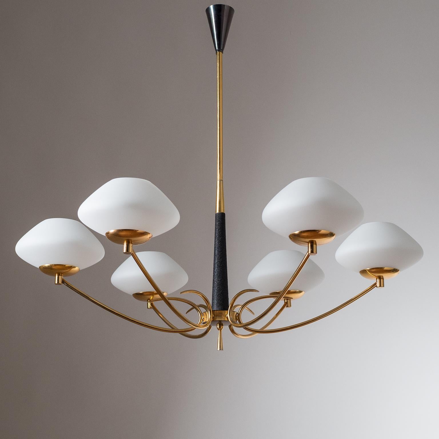 Elegant French Modern chandelier from the 1950s. Six gilt brass arms with satin glass diffusers and brass and ceramic E14 sockets with new wiring.