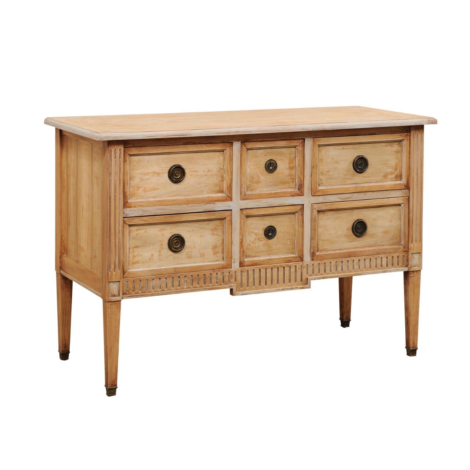 French Six-Drawer Carved Pale Wood Chest from the Mid-20th Century