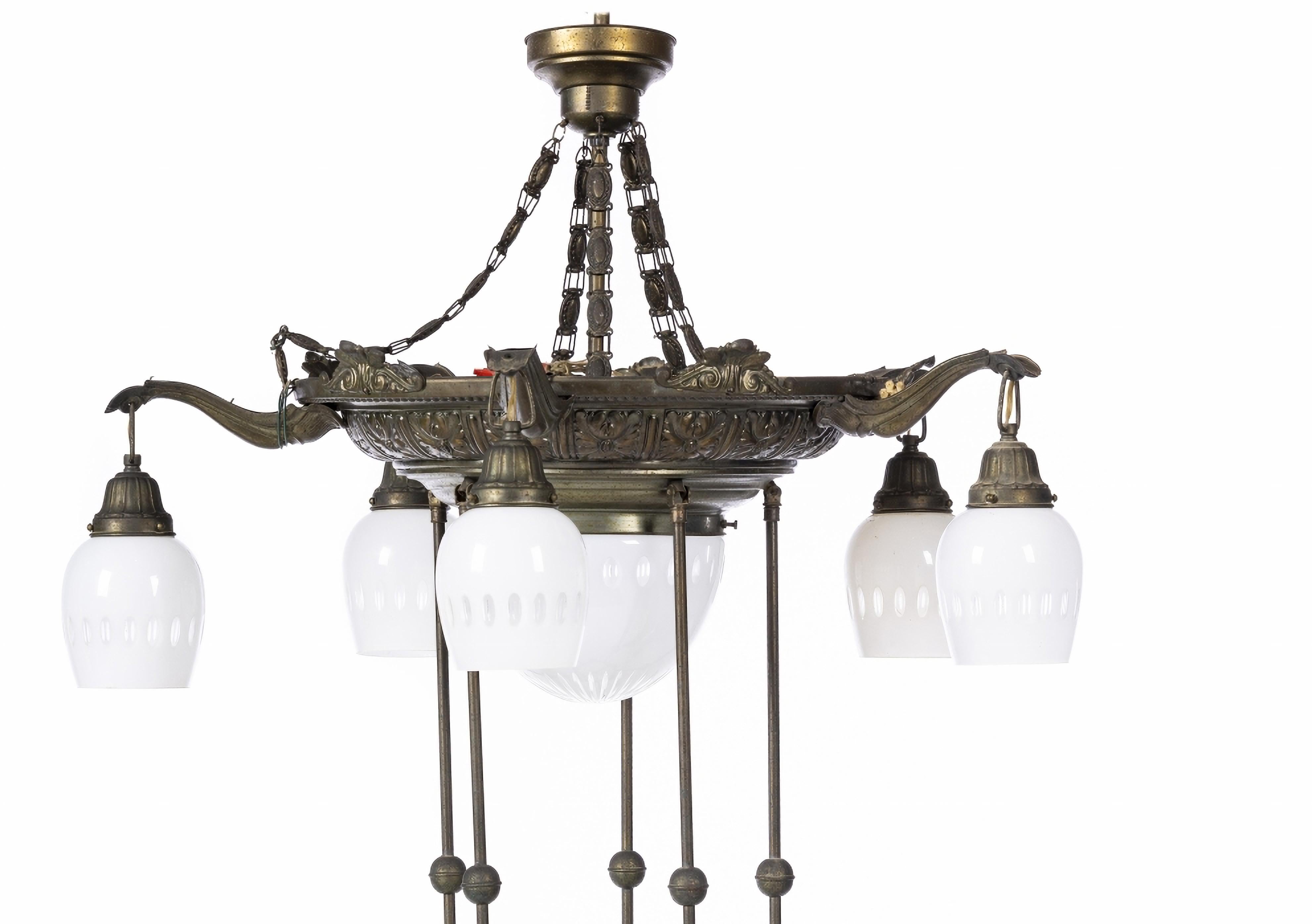 Fatto a mano Lampada da soffitto francese a sei lampade Art Nouveau in bronzo del XIX secolo in vendita