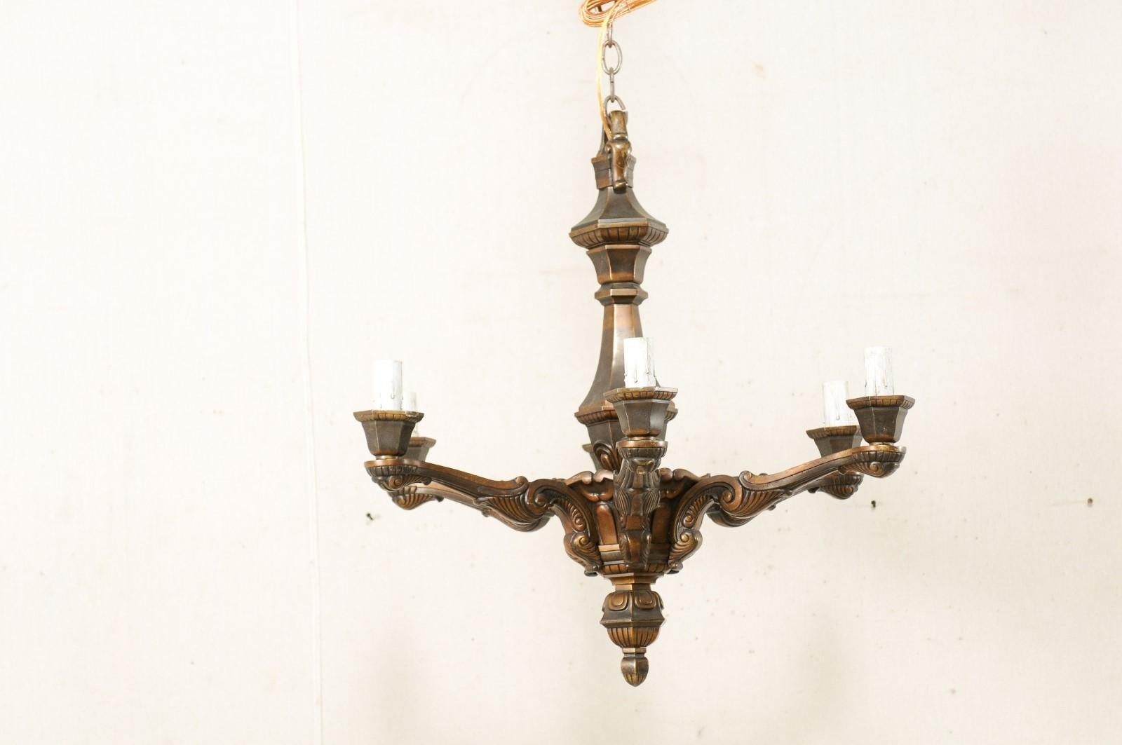 French Six-Light Bronze Chandelier from the Mid-20th Century In Good Condition In Atlanta, GA