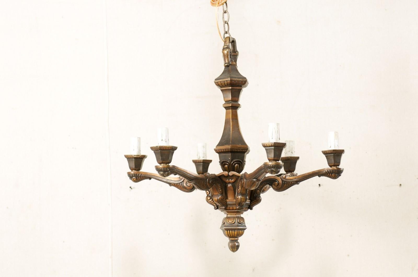 French Six-Light Bronze Chandelier from the Mid-20th Century 1