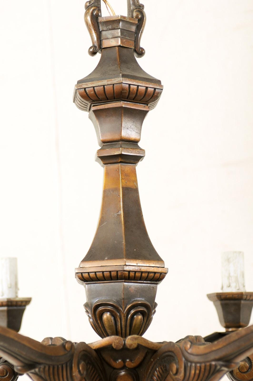 French Six-Light Bronze Chandelier from the Mid-20th Century 3