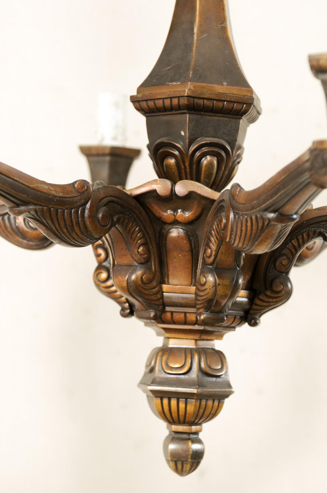 French Six-Light Bronze Chandelier from the Mid-20th Century 6