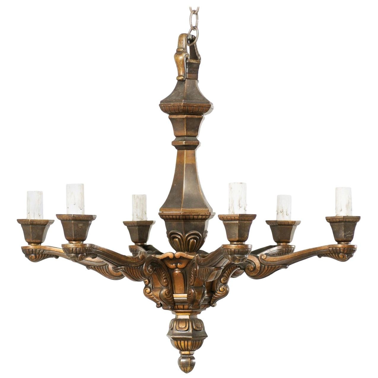 French Six-Light Bronze Chandelier from the Mid-20th Century