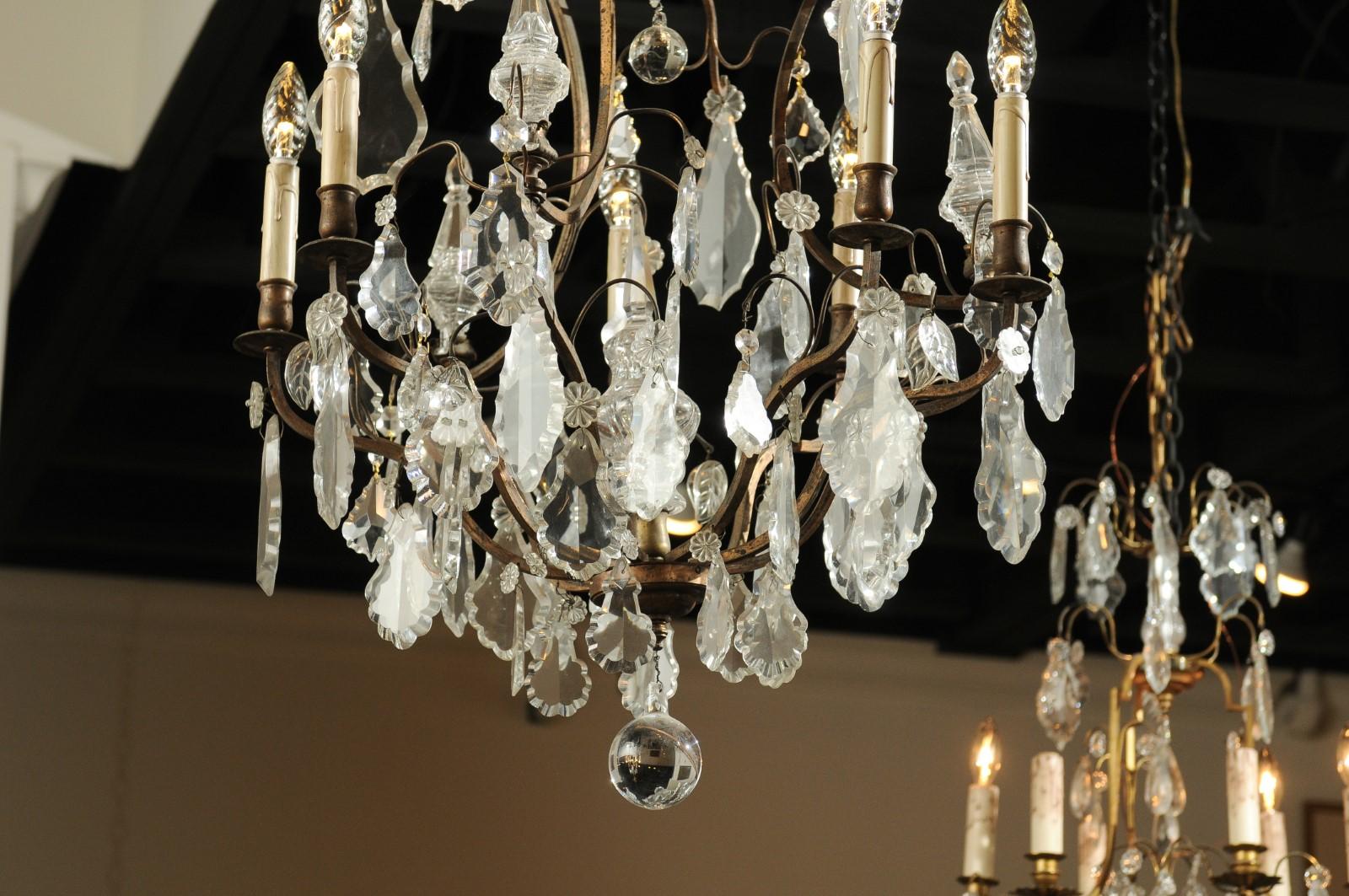 Belle Époque French Six-Light Crystal and Iron Chandelier with Obelisks, Late 19th Century For Sale