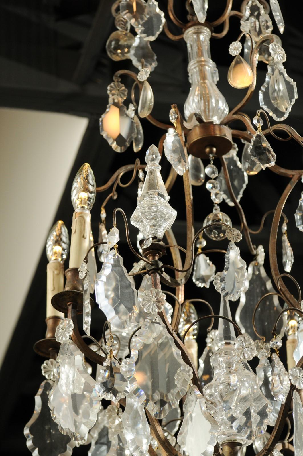 Cristal Lustre français à six lumières en cristal et fer avec obélisques, fin du 19ème siècle