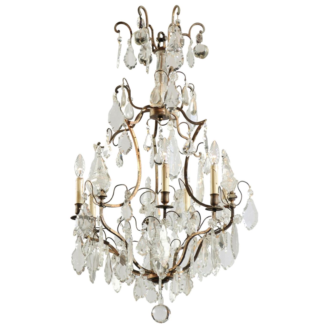 French Six-Light Crystal and Iron Chandelier with Obelisks, Late 19th Century