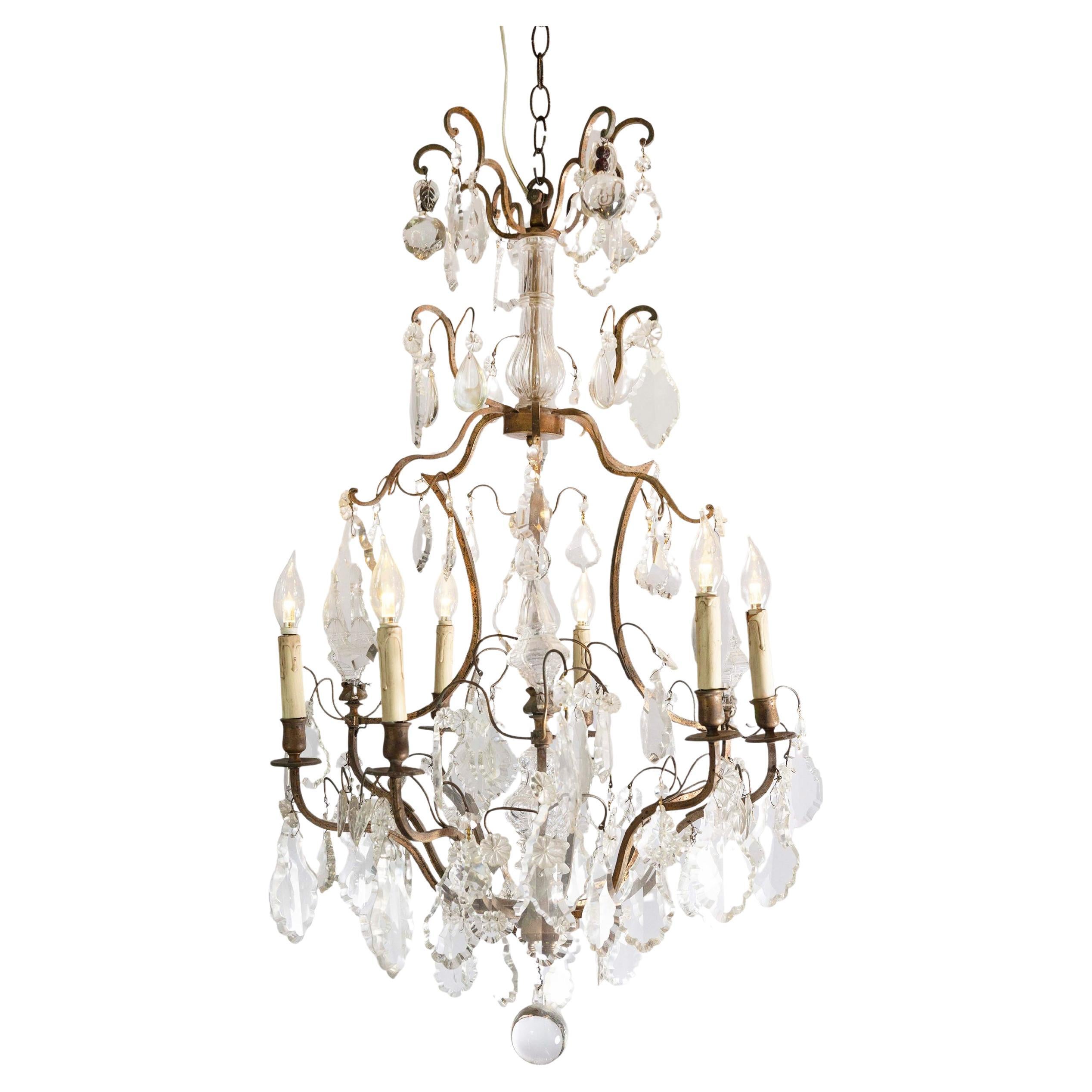 French Six-Light Crystal and Iron Chandelier with Obelisks, Late 19th Century