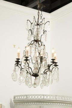 French Six-Light Crystal Chandelier with Iron Armature, Pendeloques and Obelisks