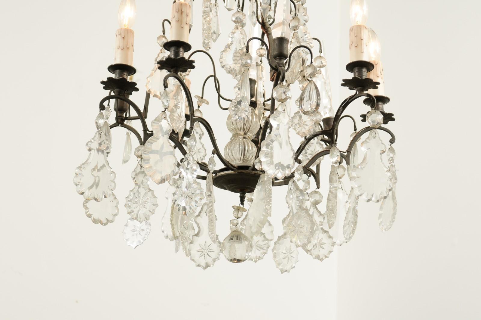 French Six-Light Crystal Chandelier with Iron Armature, Pendeloques and Obelisks In Good Condition For Sale In Atlanta, GA