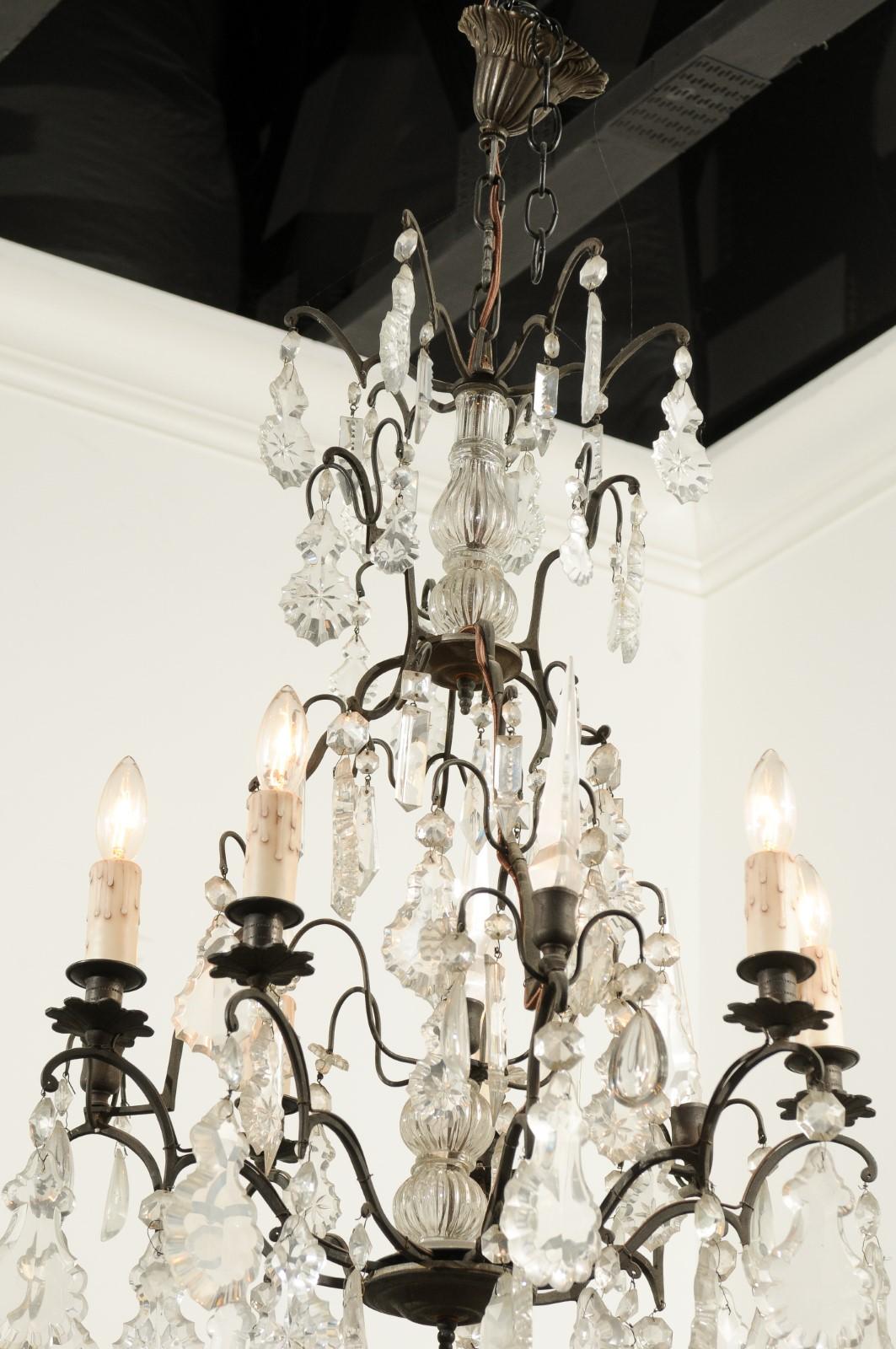 19th Century French Six-Light Crystal Chandelier with Iron Armature, Pendeloques and Obelisks For Sale